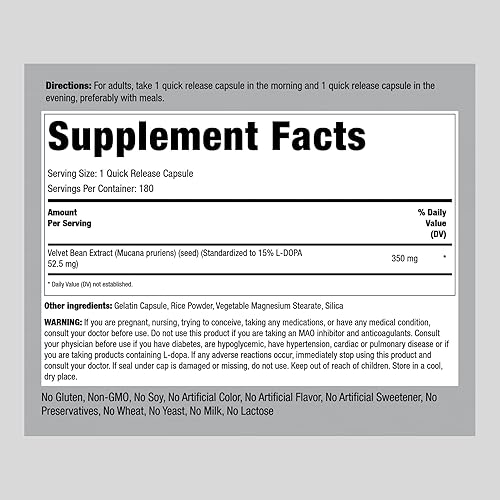 Miniatura 2 de Piping Rock DOPA Mucuna Cápsulas  180 unidades  15% L-DOPA  Extracto de Mucuna Pruriens  Suplemento sin OMG, sin gluten