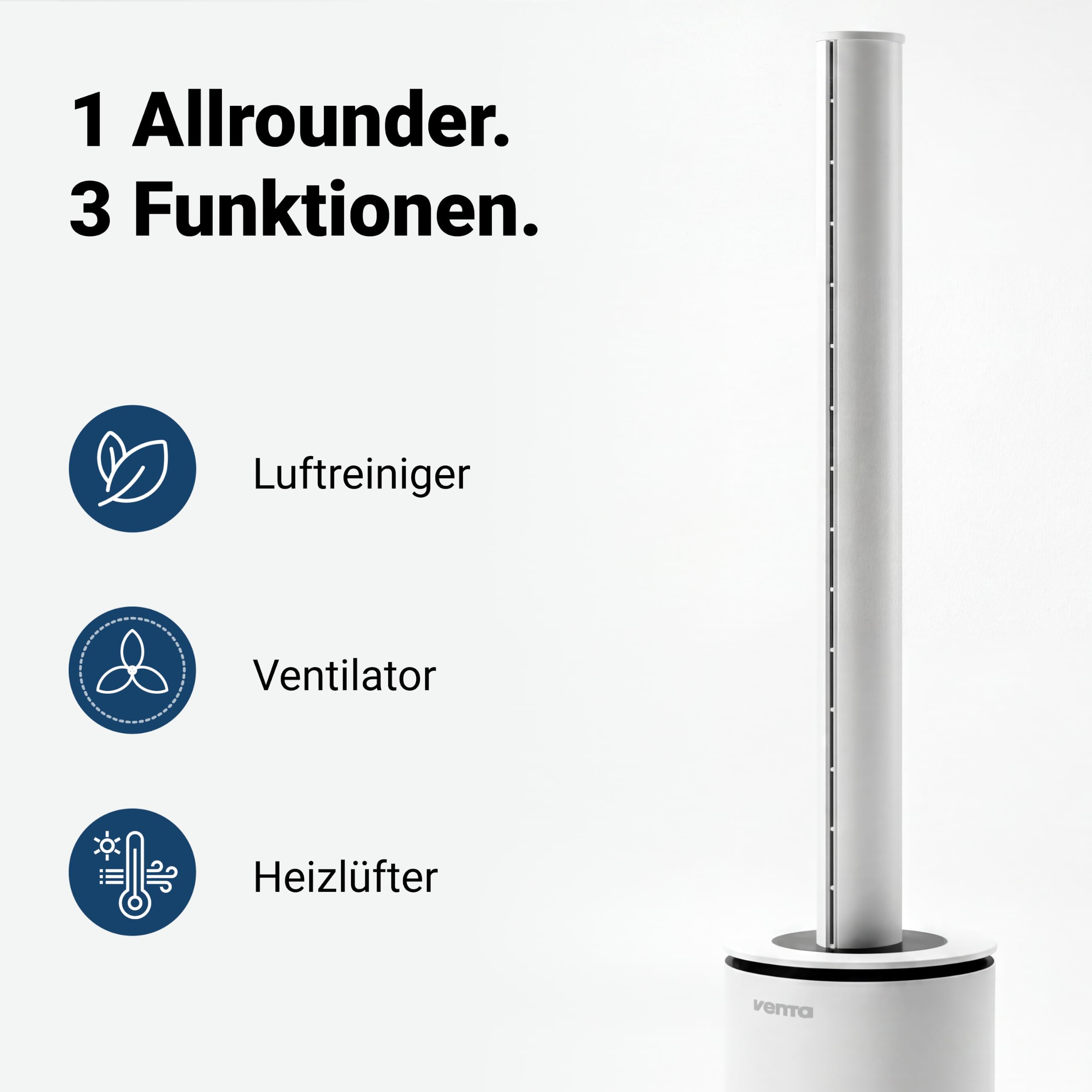 VENTA AP100 Hybrid 3-in-1 Luftreiniger, Ventilator und Heizlüfter | Für Räume bis 70m² | 80° Drehung | 9 Stufen + Turbomodus | Leiser Turmventilator mit Fernbedienung | App-Steuerbar