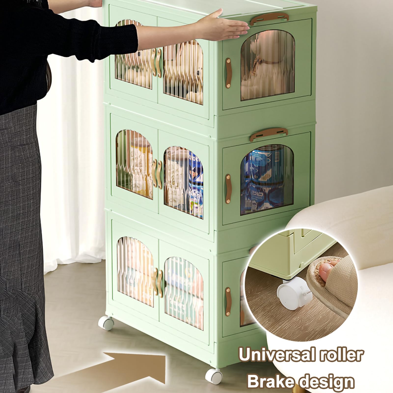 Armario de almacenamiento de plástico de 4 niveles con puertas plegables y ruedas, organizador de contenedores apilable y plegable para cocina, baño y lavadero.