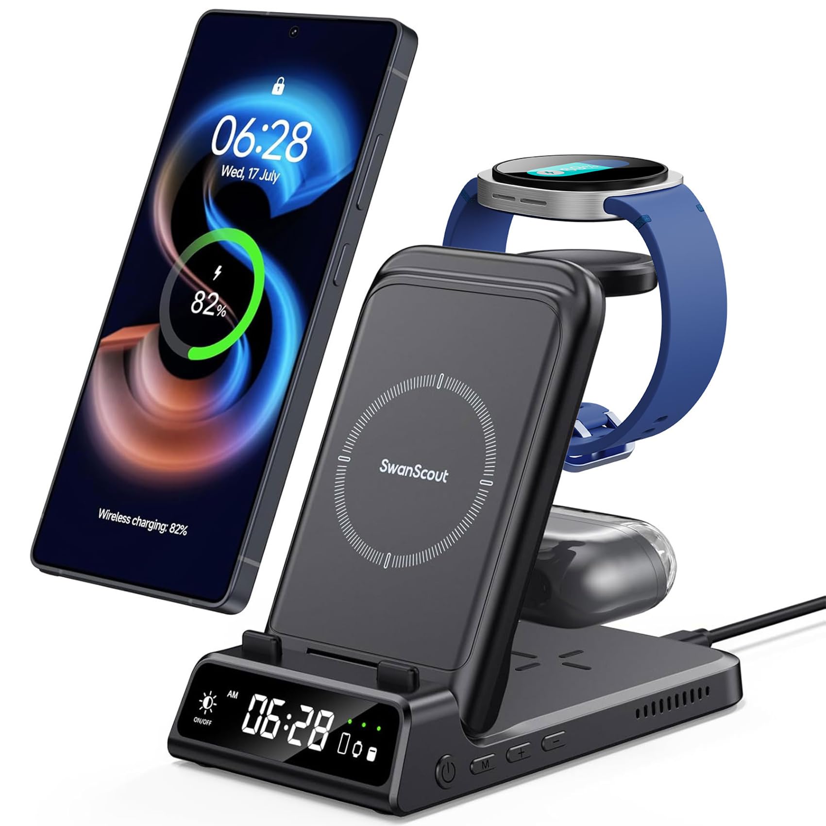 Charging Station for Samsung S25/Watch 8/8 Classic, 3 in 1 Wireless Charger for Samsung S25 Ultra/S25+/S24/S23/Fold 6, Galaxy Watch Ultra 2025/7/6/5/4/3, Galaxy Buds, SwanScout 703S (No Adapter)ClimatePartner certified
