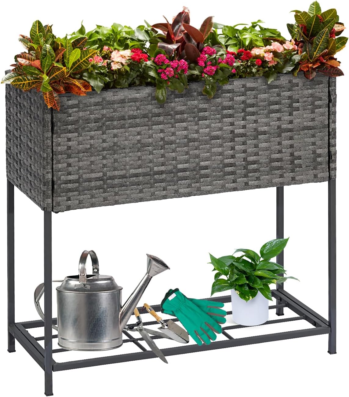 SUNNYPARK Tall Planters for Outdoor Plants Rattan Modern Elevated Planter Box with Removable Liners Indoor Outdoor Porch Patio Flower Pot (27.5’’ x 12’’ x 27.5’’) Gray