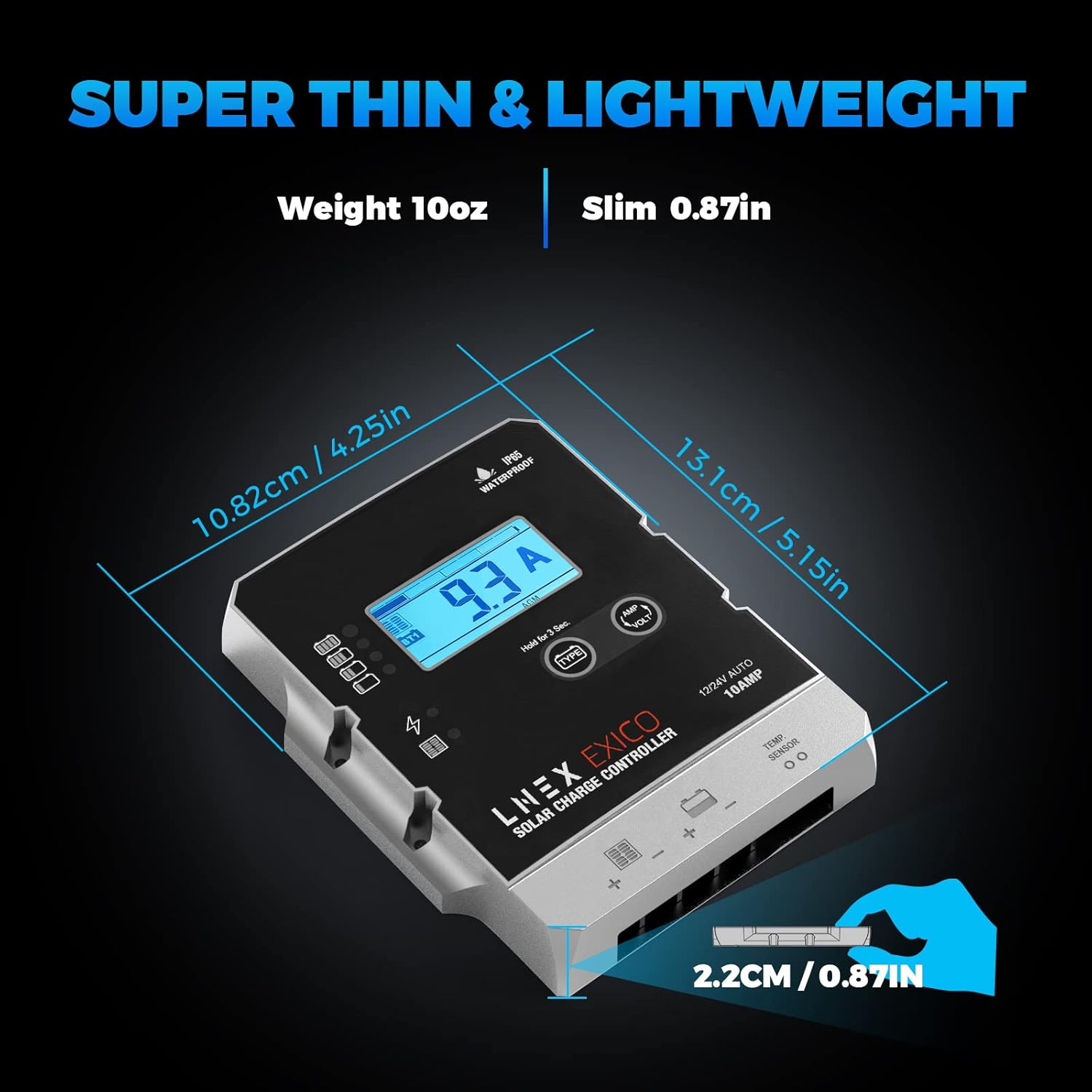 LNEX Solar Charge Controller Waterproof, 10A Super Thin Panel Battery Intelligent Regulator With LCD Display 12V/24V PWM Controller for LiFePO4, AGM, Gel, Flooded and Lithium Battery