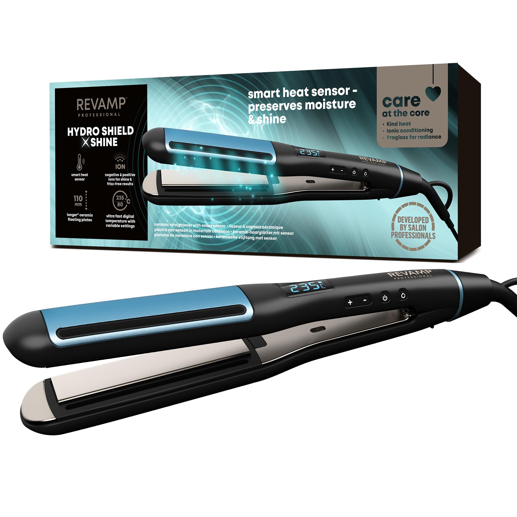 Hydro Shield X Shine Ceramic Hair Straighteners - Long Plates for Fast One Stroke Styling, Straightening, Smart Sensor Heat Protection, 4 Ionic Jets - Salon Professional Hair Straightener