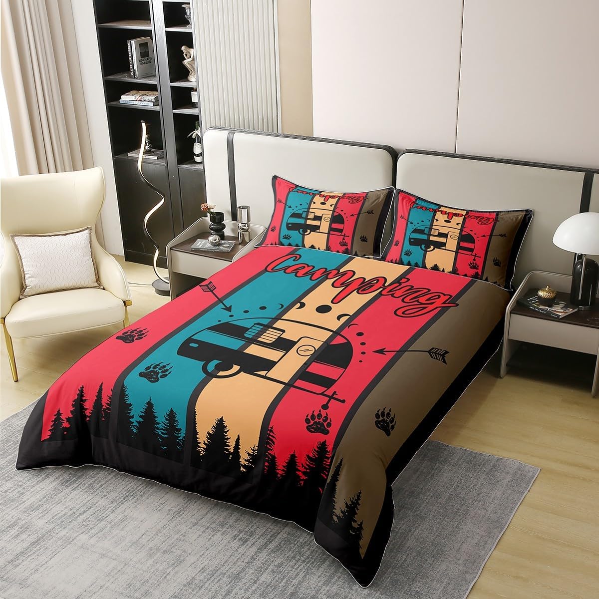 Manfei Happy Camping Full Size Cotton Duvet Cover,Bear Claw Pines Rustic Farmhouse Cabin Quilt Cover(No Filler),Hunting Adventure Retro Striped Comforter Cover for Kids Adults Bedroom