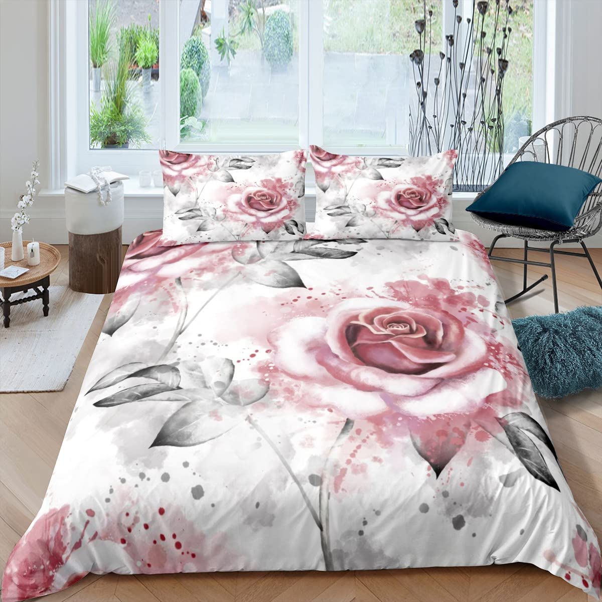 Rose Duvet Cover Rose Floral Bedding Set for Kids Boys Girls Teens Romantic Flowers Pattern Comforter Cover Garden Bedspread Cover 3Pcs Zipper King Size