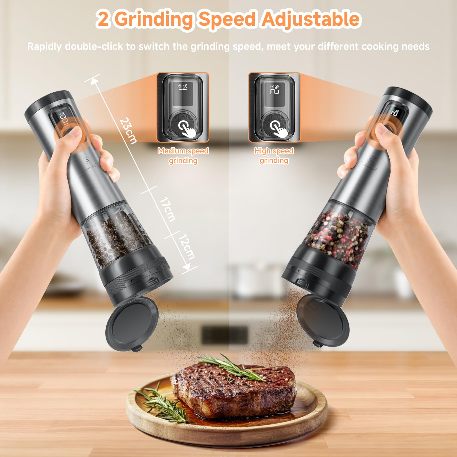 COKUNST Juego de molinillo eléctrico de pimienta y sal, molinillo de pimienta USB con soporte recargable, ajustable 5 niveles de grosor, molinillo de pimienta con pantalla digital con 2 velocidades de