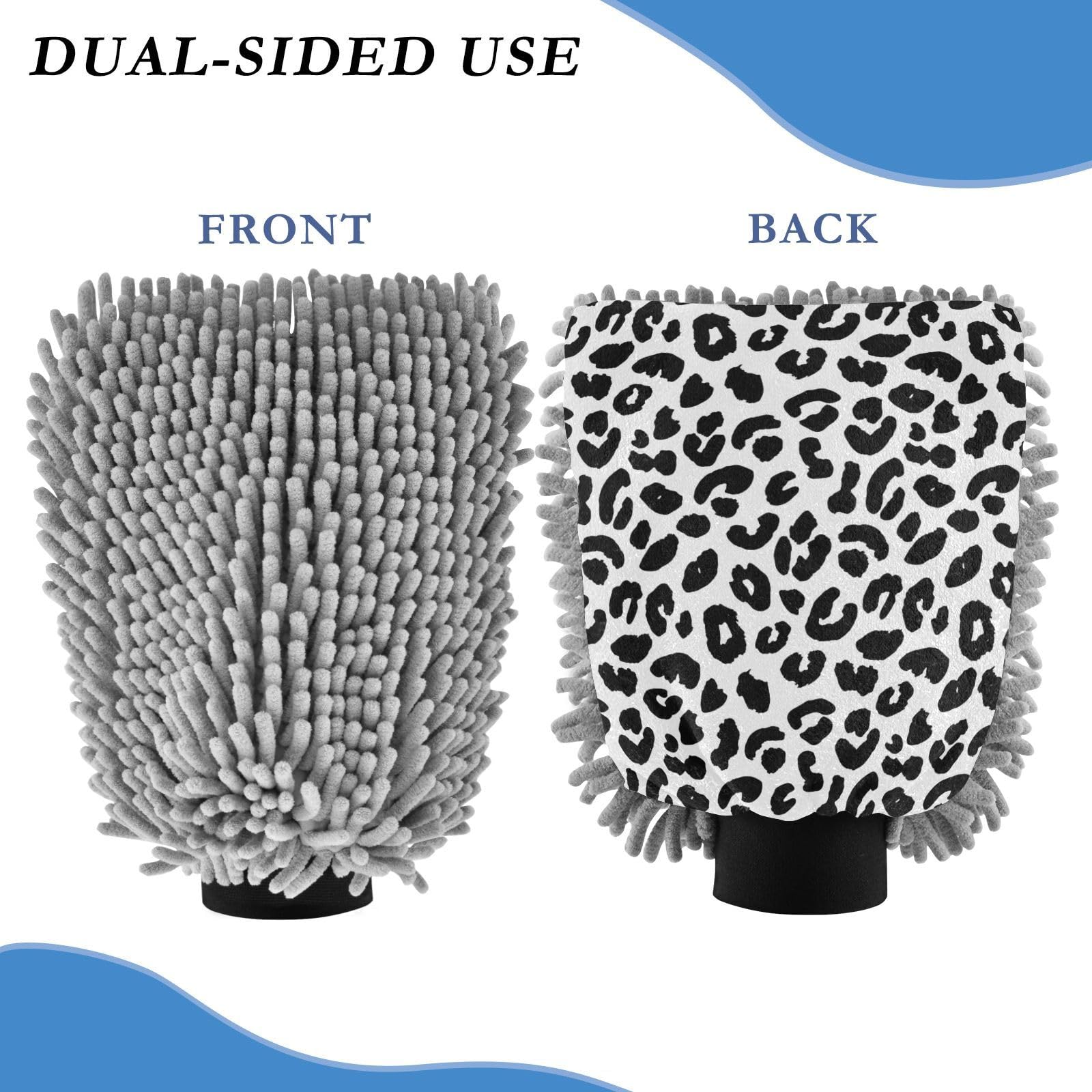 Kigai Beautiful Leopard Print Texture Car Wash Mitt Microfiber, 2Pcs Scratch Free Lint-Free, Premium Chenille Microfiber Mitt Car Wash Brush-L