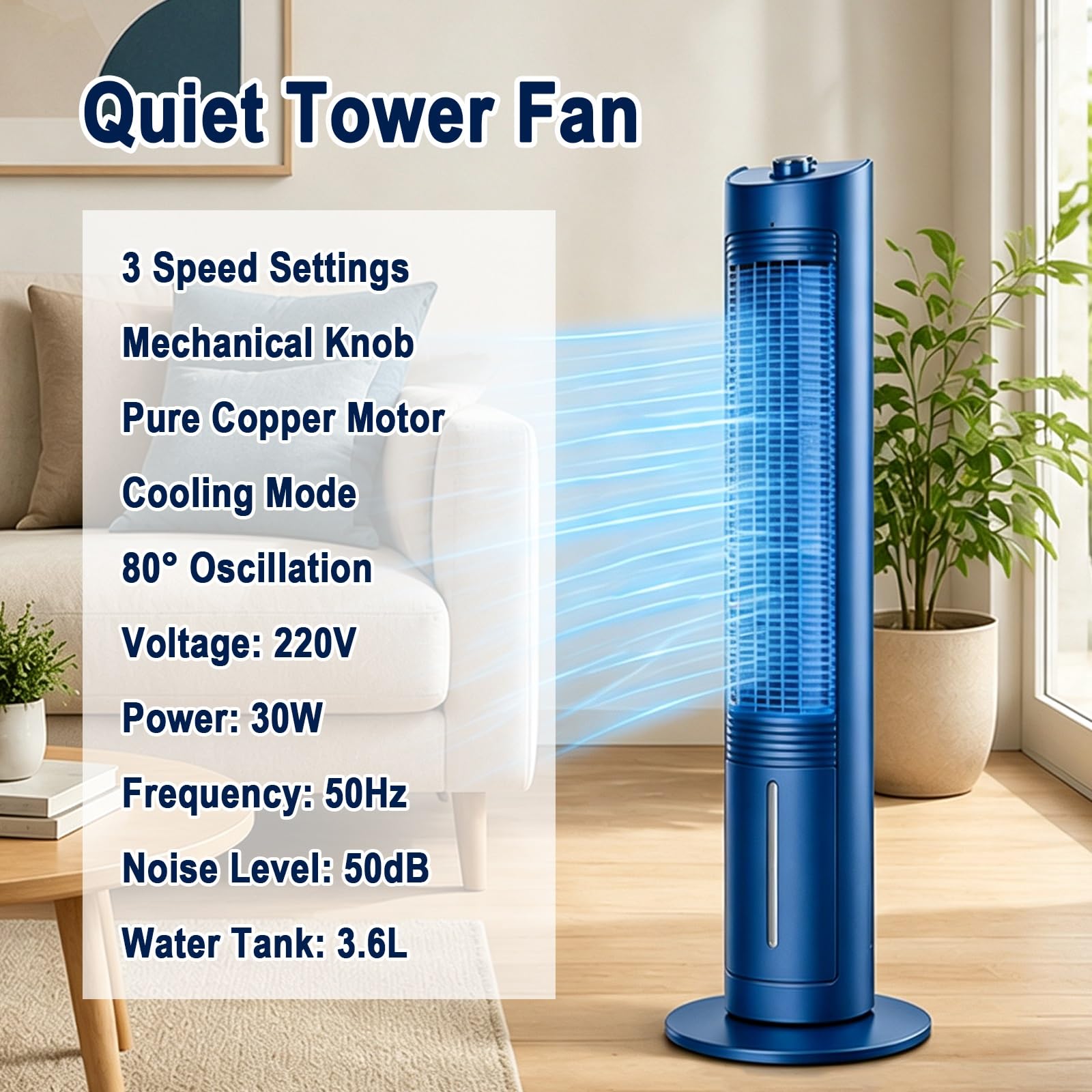 Ventilador Columna, Ventilador de Pie Silencioso, 30W, Oscilación de 80° | Ventiladores de Torre, 3 Velocidades, 3,6L, Refrigeración con Cristales de Hielo, para Hogar, Altura 100cm