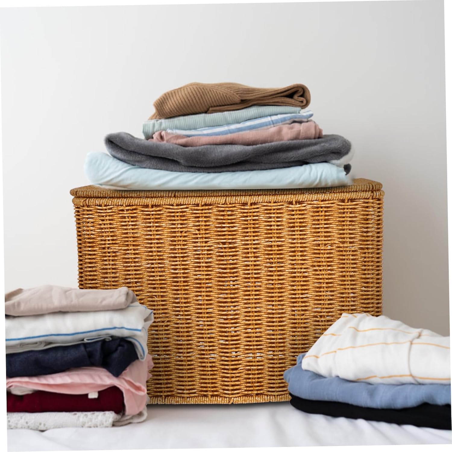 Luxshiny Woven Lid Crimp Storage Box Narrow Basket for Magazines Toys Container Home Organizer