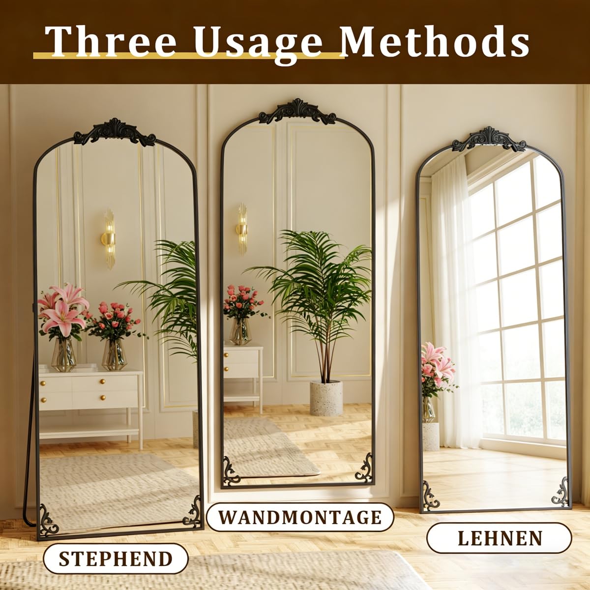 M&Catree Miroir Vintage Arc Pleine Longueur Mural Arqué Noir 179x69cm