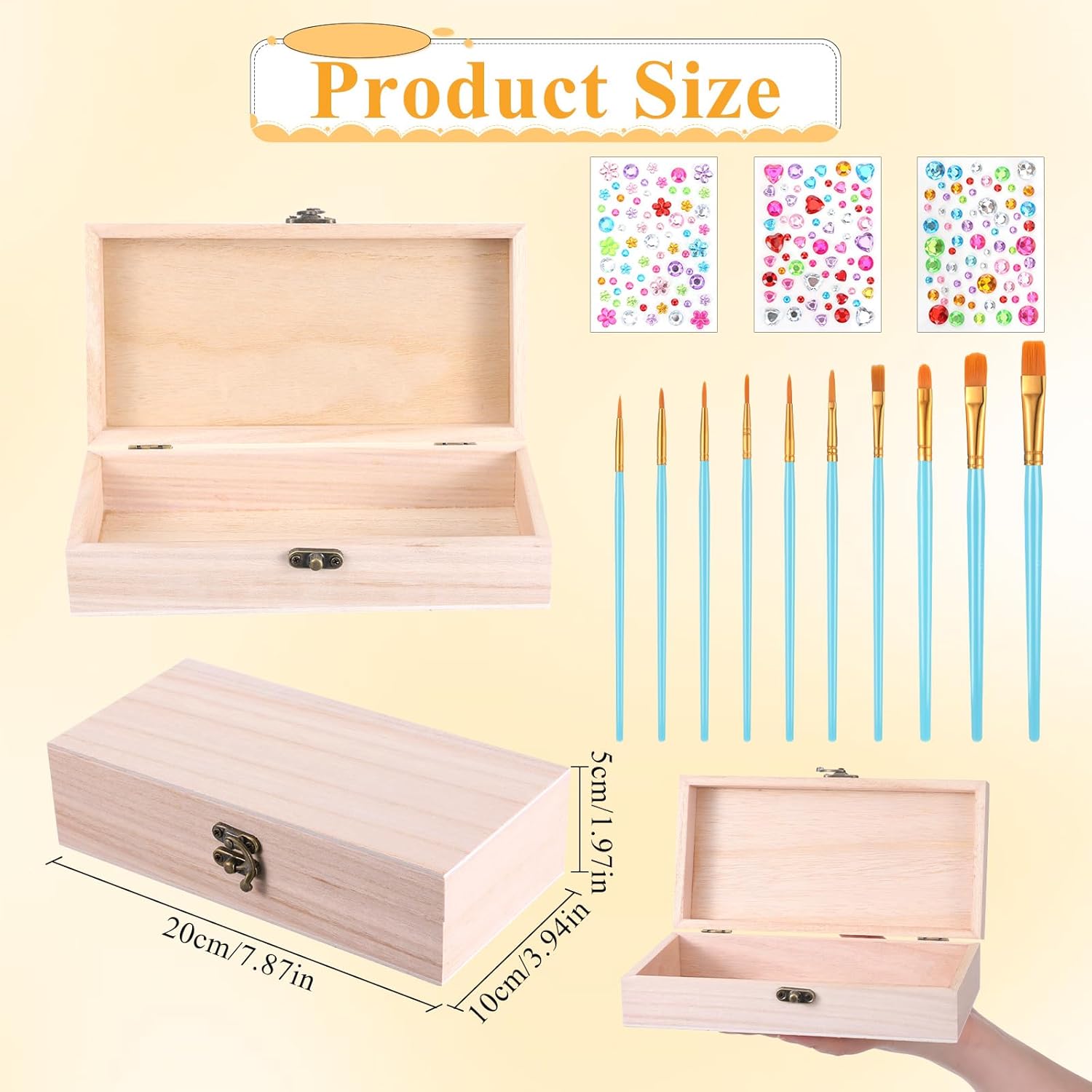 10PCS Unfinished Wooden Box for Crafts, 7.87x3.94 Inches Wooden Gift Boxes Small Woodens Boxes with 10 Paint Brush 3 Stickers, for DIY Make Your Own Gift Keepsake Box, Jewelry