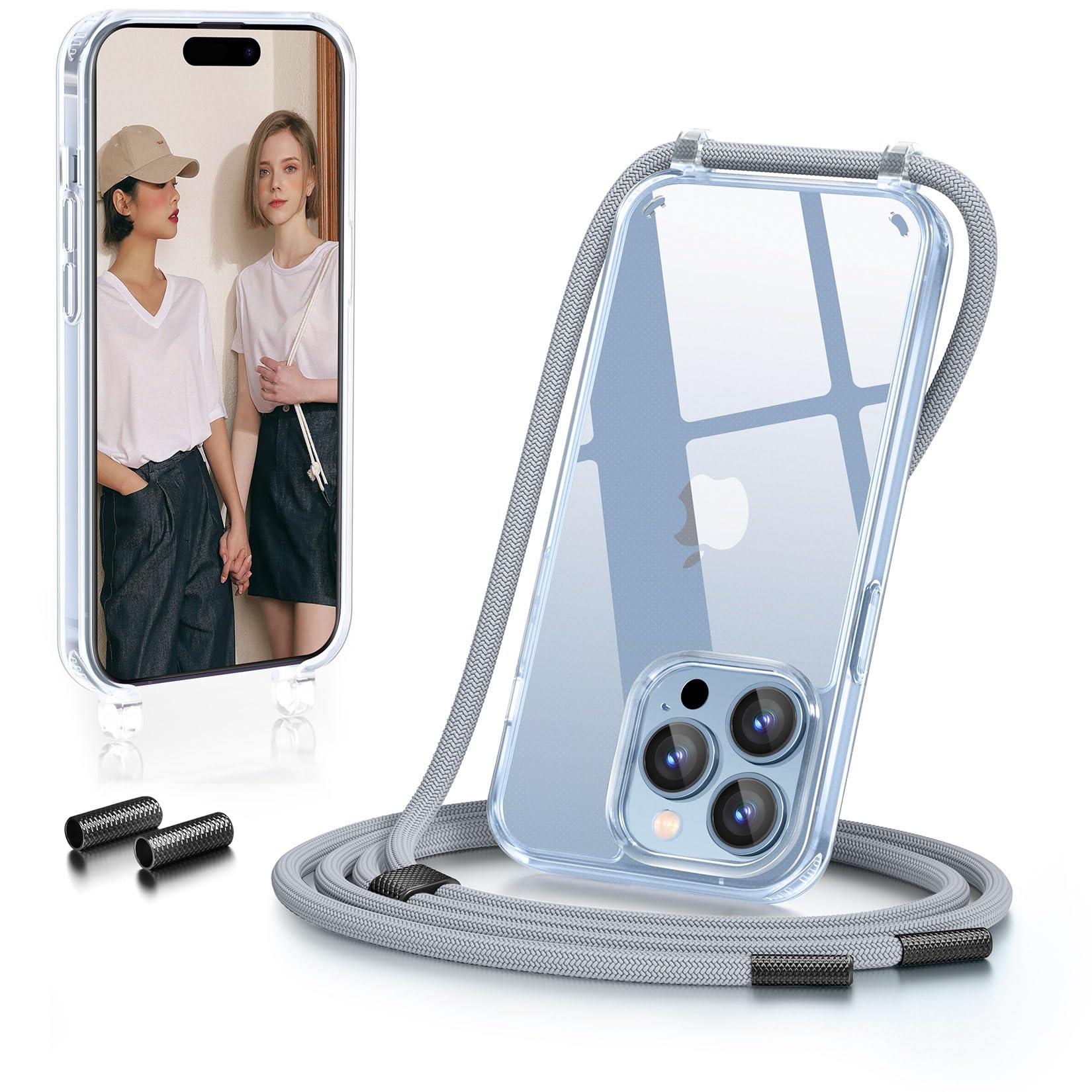 GOODVISH Cover Trasparente con Cordino per iPhone 15 Pro, Custodia con Regolabile Collana per iPhone 15 Pro 6.1'', [Antiurto] [AntiGraffio] [Antiscivolo] Case con Laccio Tracolla, Argento
