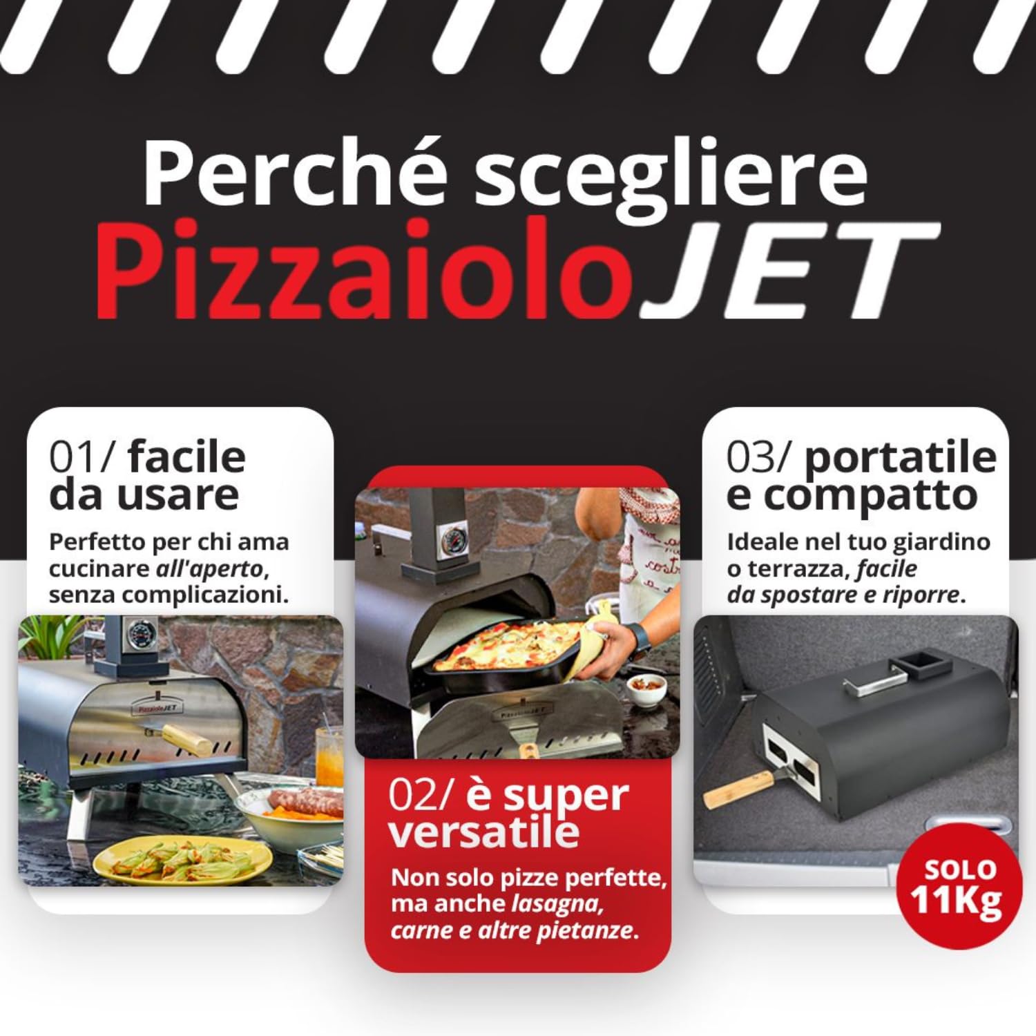 PizzaioloJet Forno Pizza a Pellet 460°C, 28 cm, 11 kg, Pietra Refrattaria, Termometro