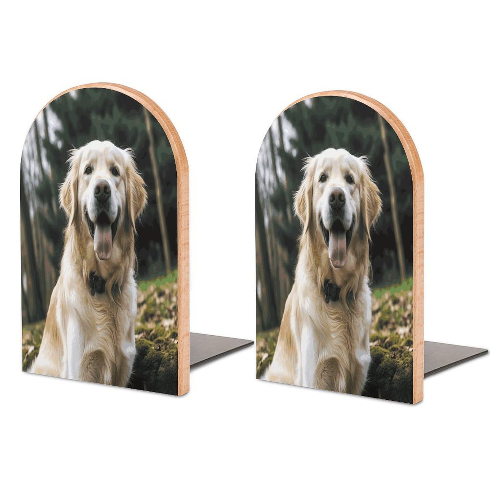 Funny Golden Retriever Bookends 1 Pair Heavy Duty Book Ends for Shelves Non-Skid Bookend Supports Wooden Book Holders with Metal Base Desk Organizers Books Storage to Hold Books