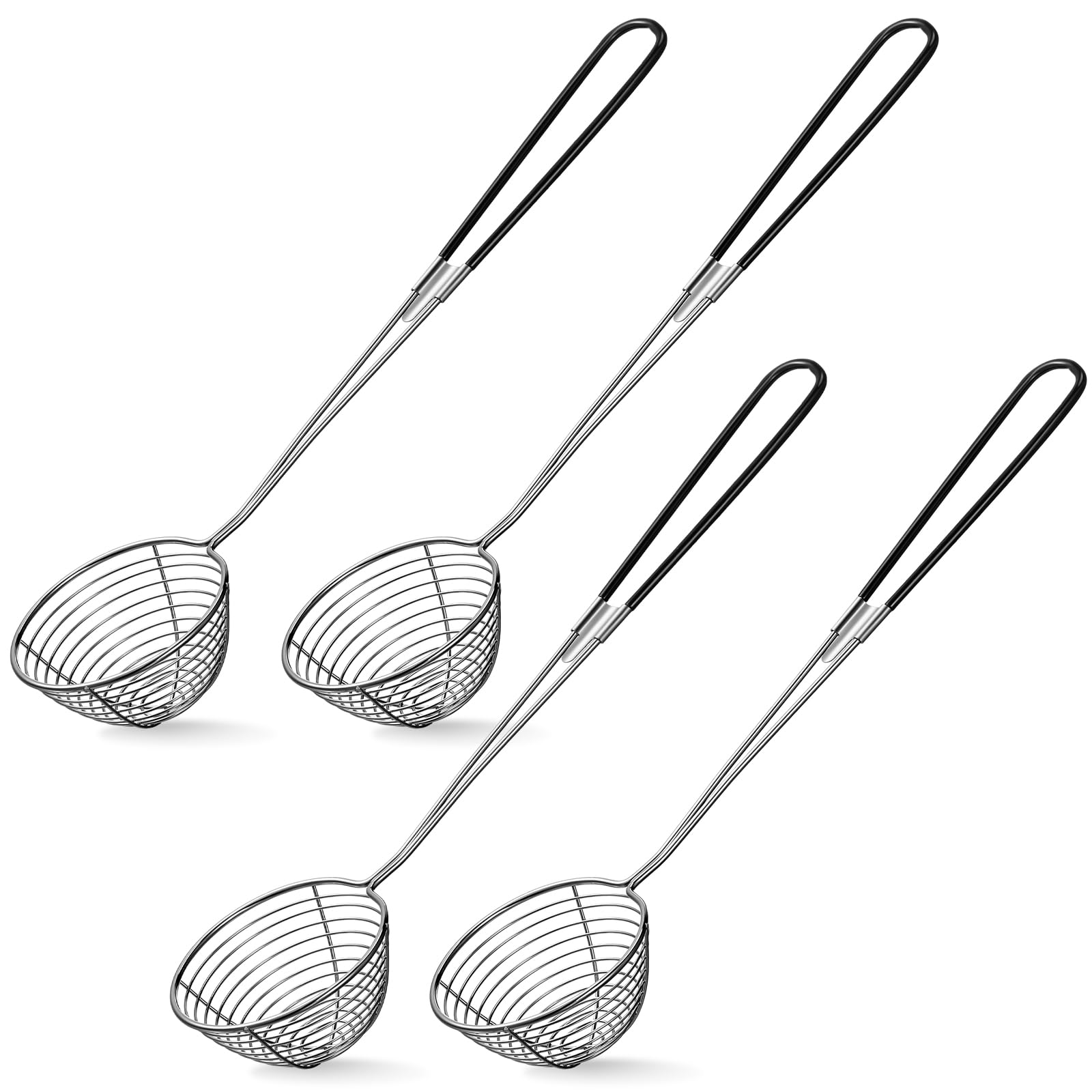Geiserailie 4 Pieces Stainless Steel Hot Pot Strainer Scoops 2.5 Inch Mini Spider Strainer Skimmer Pasta Mesh Spoon Asian Skimmer Spoon Ladle with Handle for Home (Black)