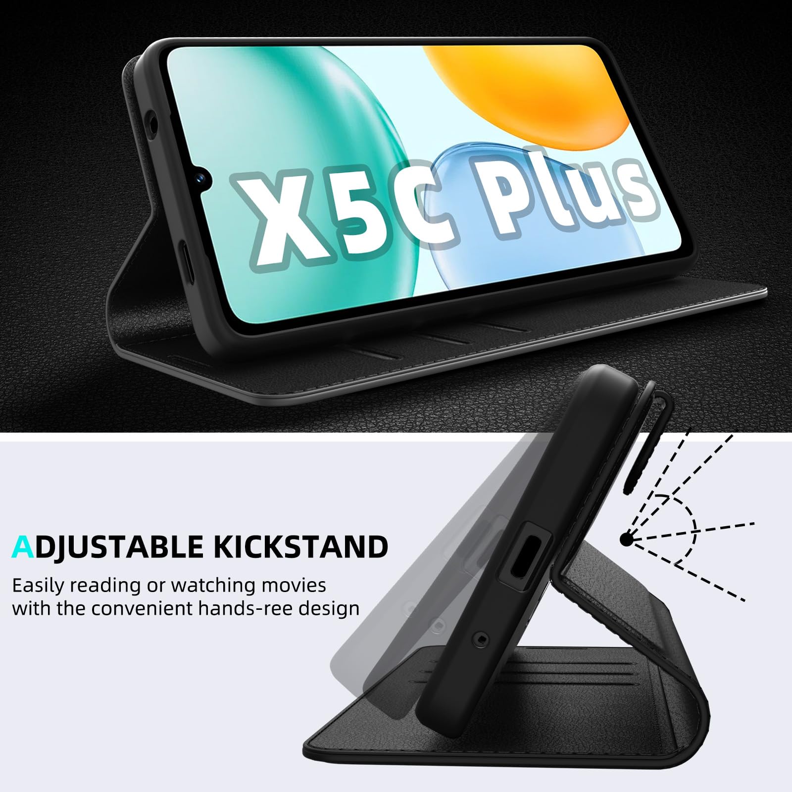 Cover per Honor X5C Plus Portafoglio Pelle PU Premium, Custodia Scomparti Carte Antiurto Protettiva Case con 1 Vetro Temperato, Nero