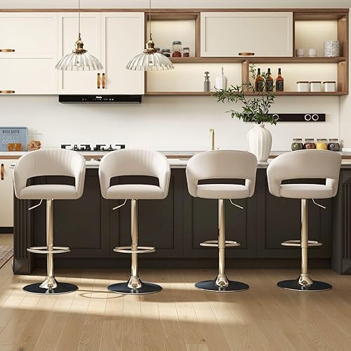 Miniatura 6 de Juego de 2 modernas sillas de bar de cocina con base plateada, taburetes de bar giratorios ajustables con respaldo y reposapiés, taburetes de