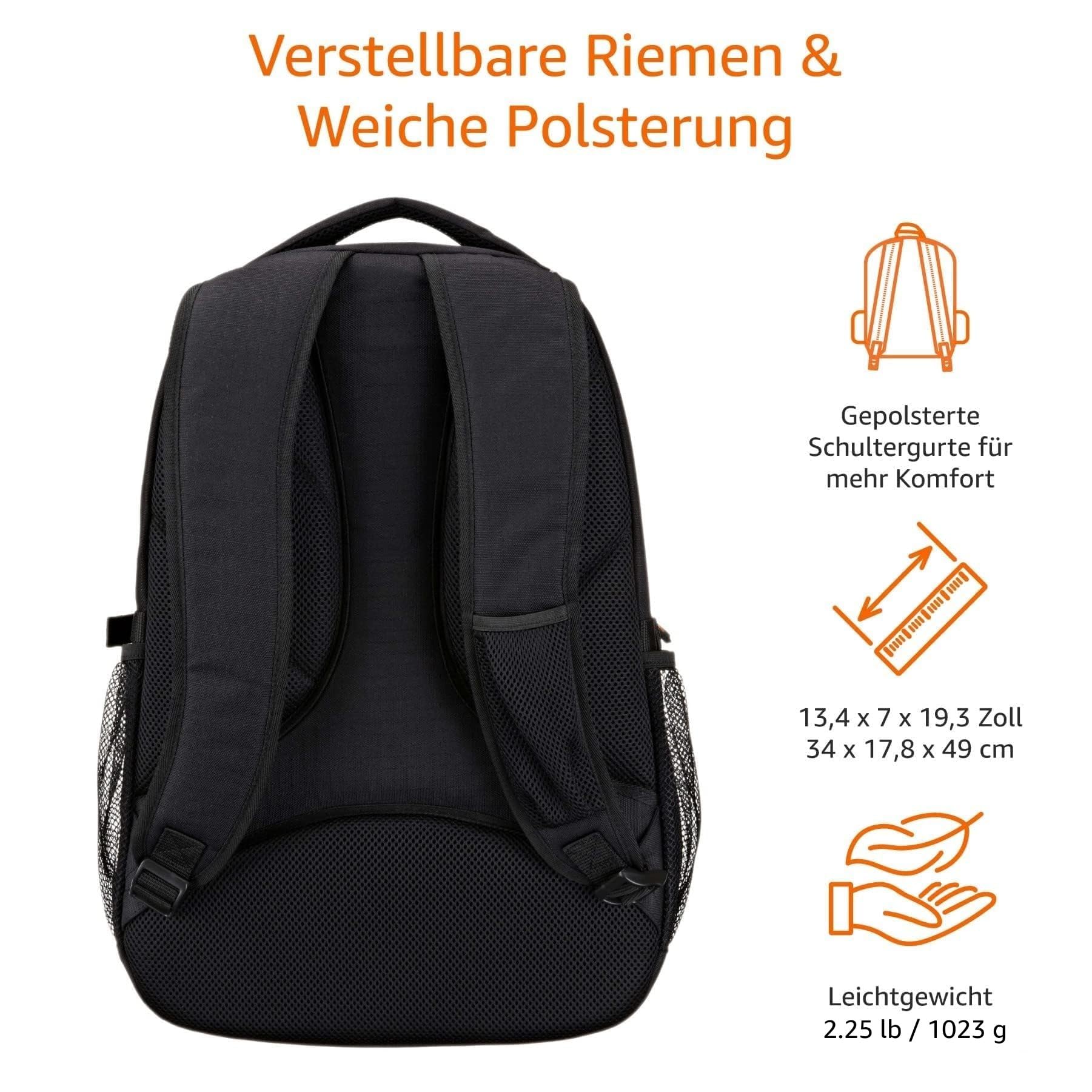 Amazon Basics Laptop-Rucksack mit gepolsterten Schulterriemen und Aufbewahrungsfächern für Stifte, Schlüssel, Handy, geeignet für die meisten Laptops bis zu, 43.2cm, Schwarz