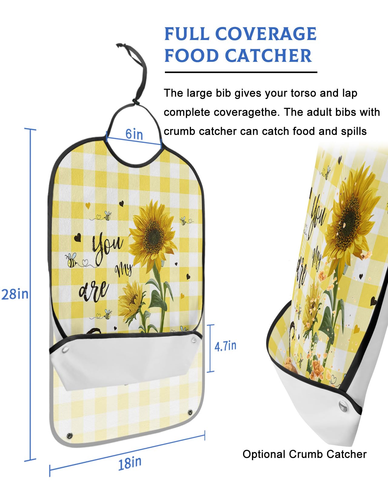 Summer Sunflower Adult Bibs for Eating, Waterproof Bibs with Food Catcher & Adjustable Snap Closure, Yellow Plaid Summer Flower Bee Washable Clothing Protectors Adult Bibs for Elderly Women/Men