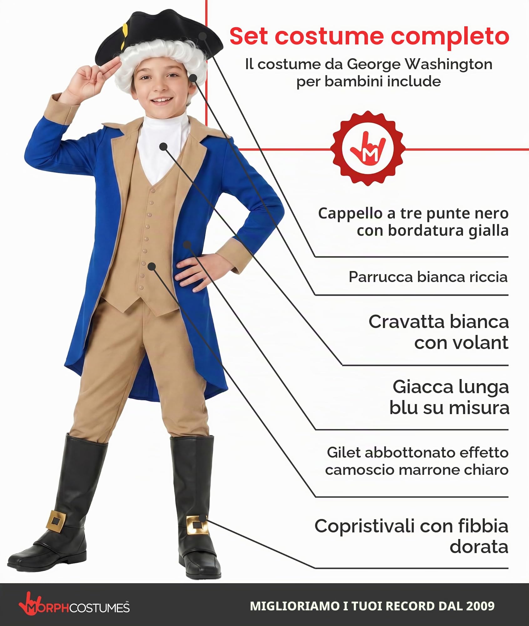 Morph Costume George Washington Bambino, Costume Halloween Bambino | Giacca Blu, Gilet, Parrucca Bianca & Cappello Nero, Perfetto per Halloween, Ideale per il Gioco di Ruolo