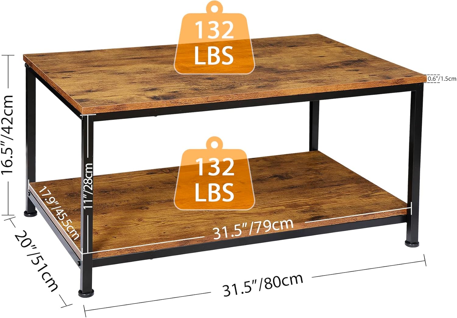 Modern Industrial Coffee Table, 2-Tier 32 Inch Accent Table w/Storage Shelf for Living Room, Dining Room,Home,Office,Retro Brown
