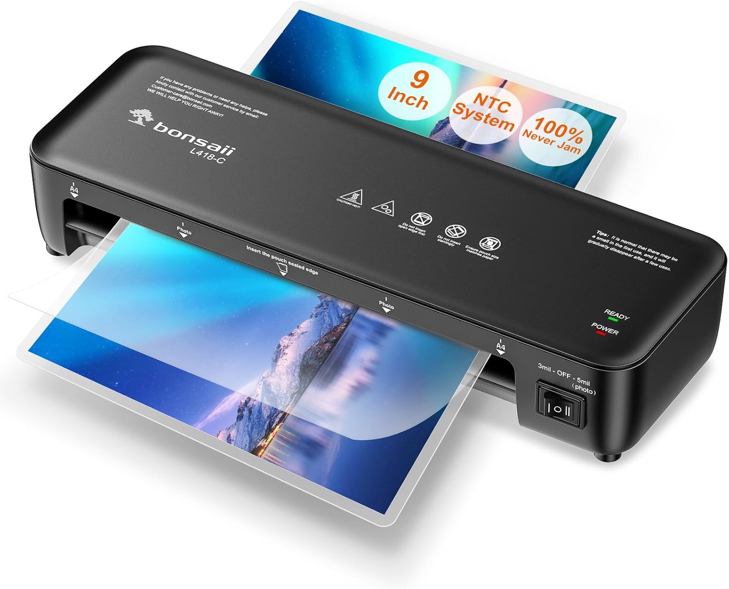 Bonsaii Laminator, 9 Inch Thermal Laminator Machine with Never Jam Technology for Doc/Posters/Photo, Personal Laminating Machine Simple Convenient for Home, Office and School Black Black + 5 Pouches