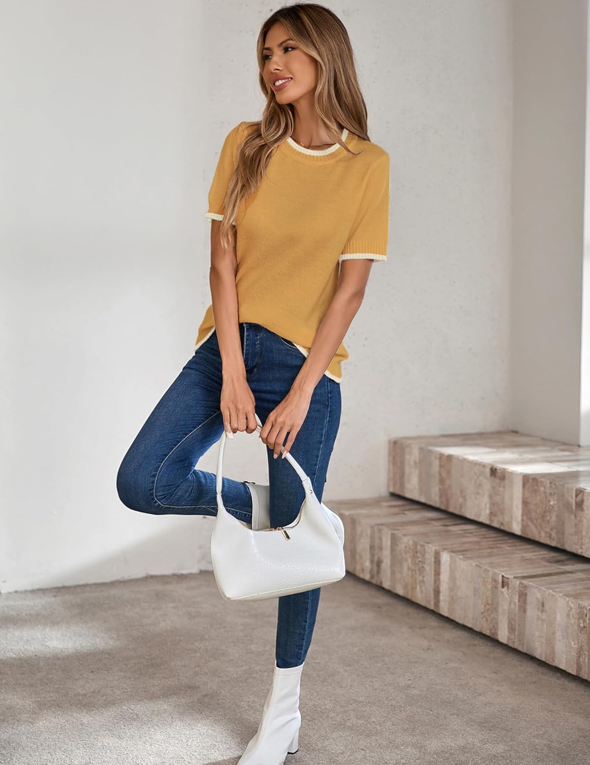 Womens Lightweight Cute Short Sleeve Sweater Spring 2025 Trendy Outfits Crewneck Thin Sheer Knit T-Shirt Tops - Image 7