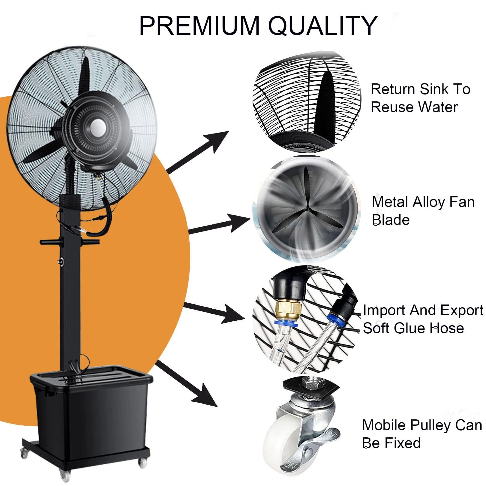 Ventilador de nebulización oscilante comercial para refrigeración al aire libre en patios, restaurantes, garajes, gimnasios y talleres con 3 ajustes de velocidad