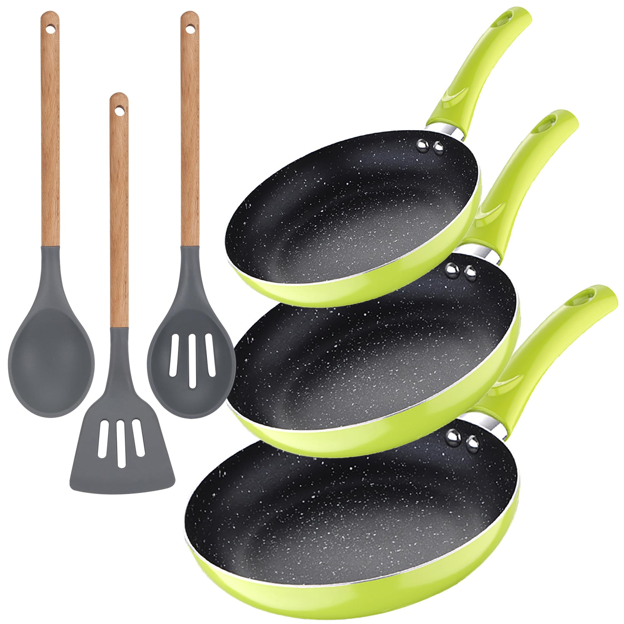 San Ignacio Set 3pc sarten (20+24+28cm) aluminium pressé vert avec Set 3pc ustensiles de cuisine silicone bois