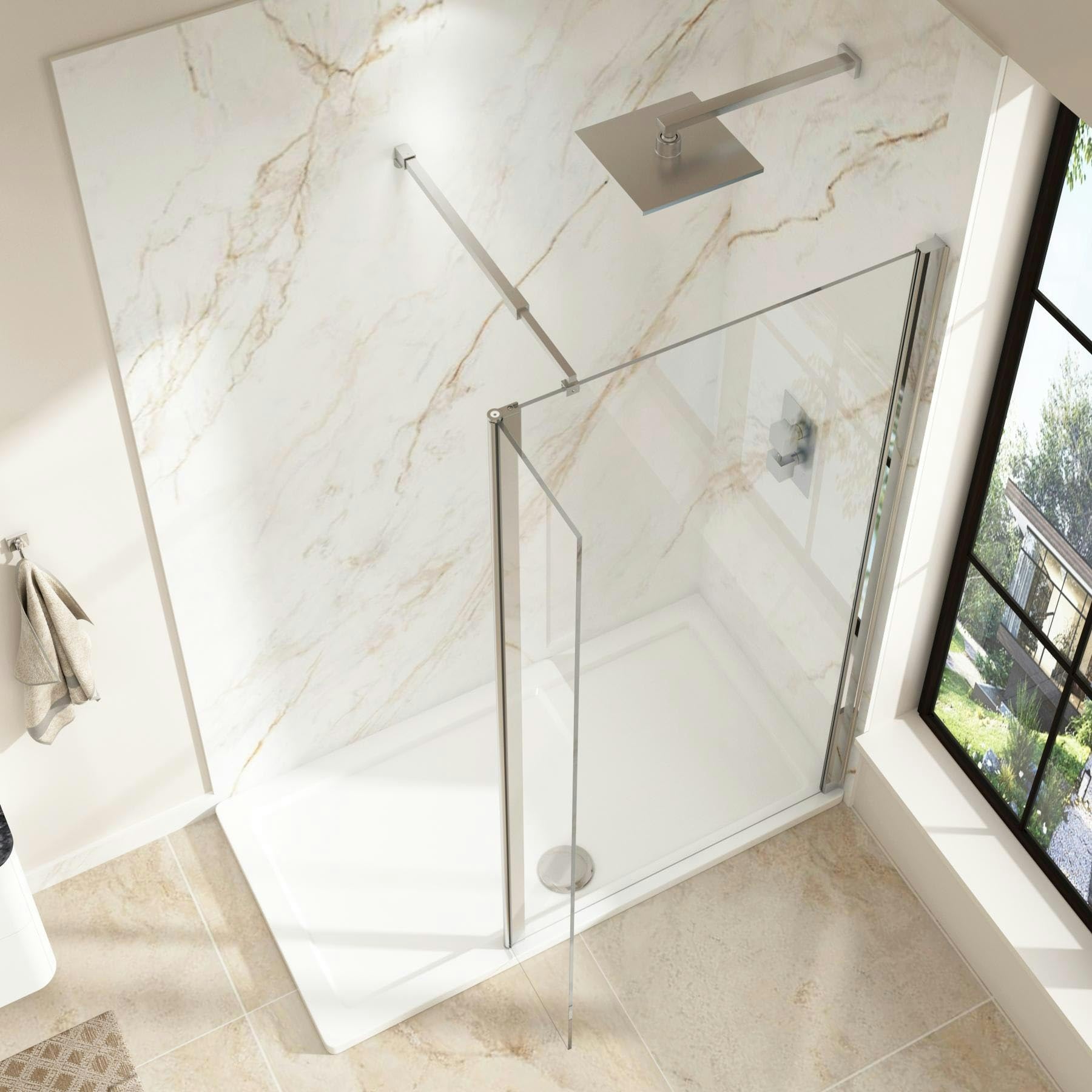 Marbella 300mm Walk in Wet Room Flipper Panel for Shower Screen 8mm Easy Clean Safety Tempered Glass - 1850mm Tall