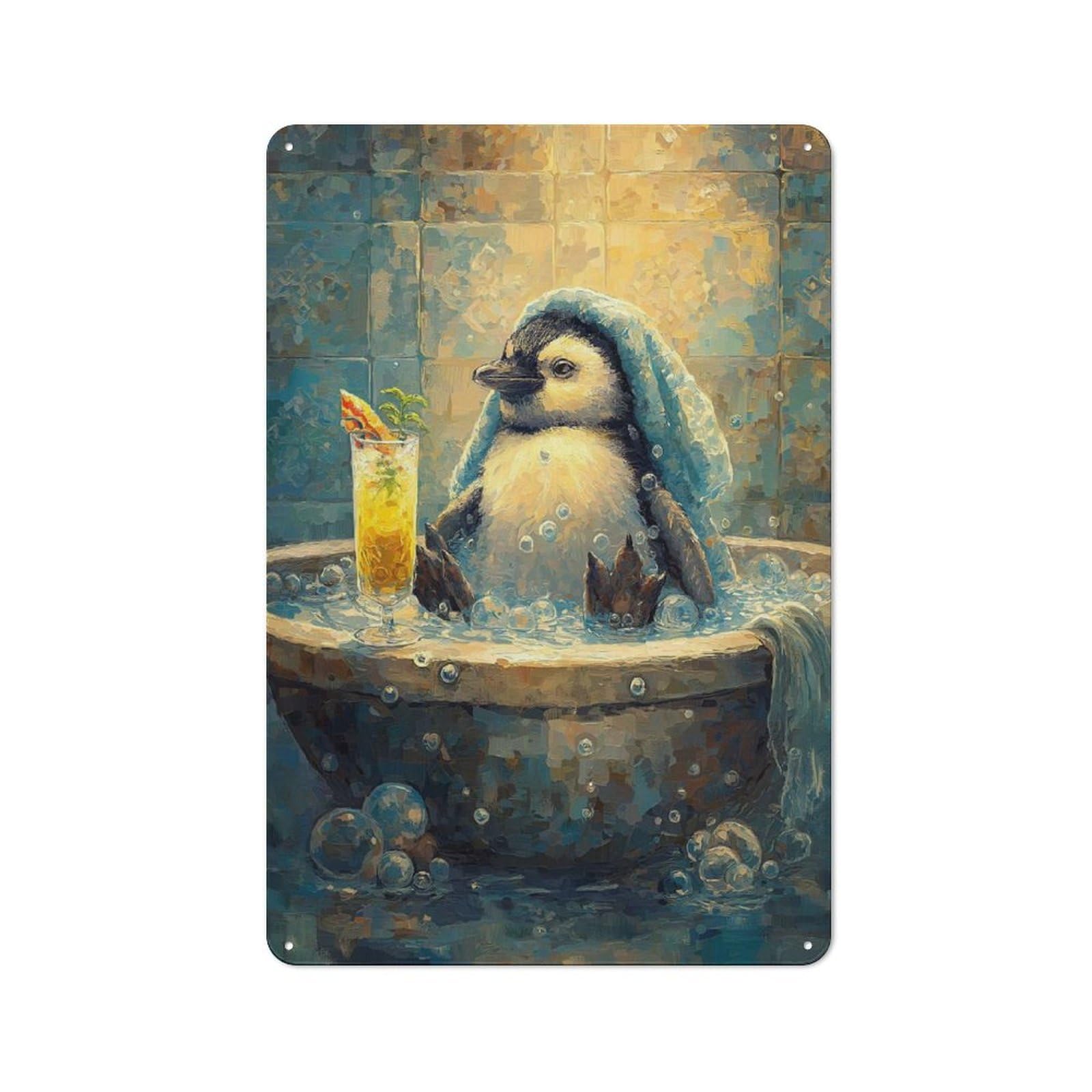 Junmoney Style-23 Penguin In Tub With Cocktail Painting Rustic Tin Sign 30X20cm For Man Cave Or Games Room, A Decorative Gift For A Newly Furnished Man Cave And Games Room