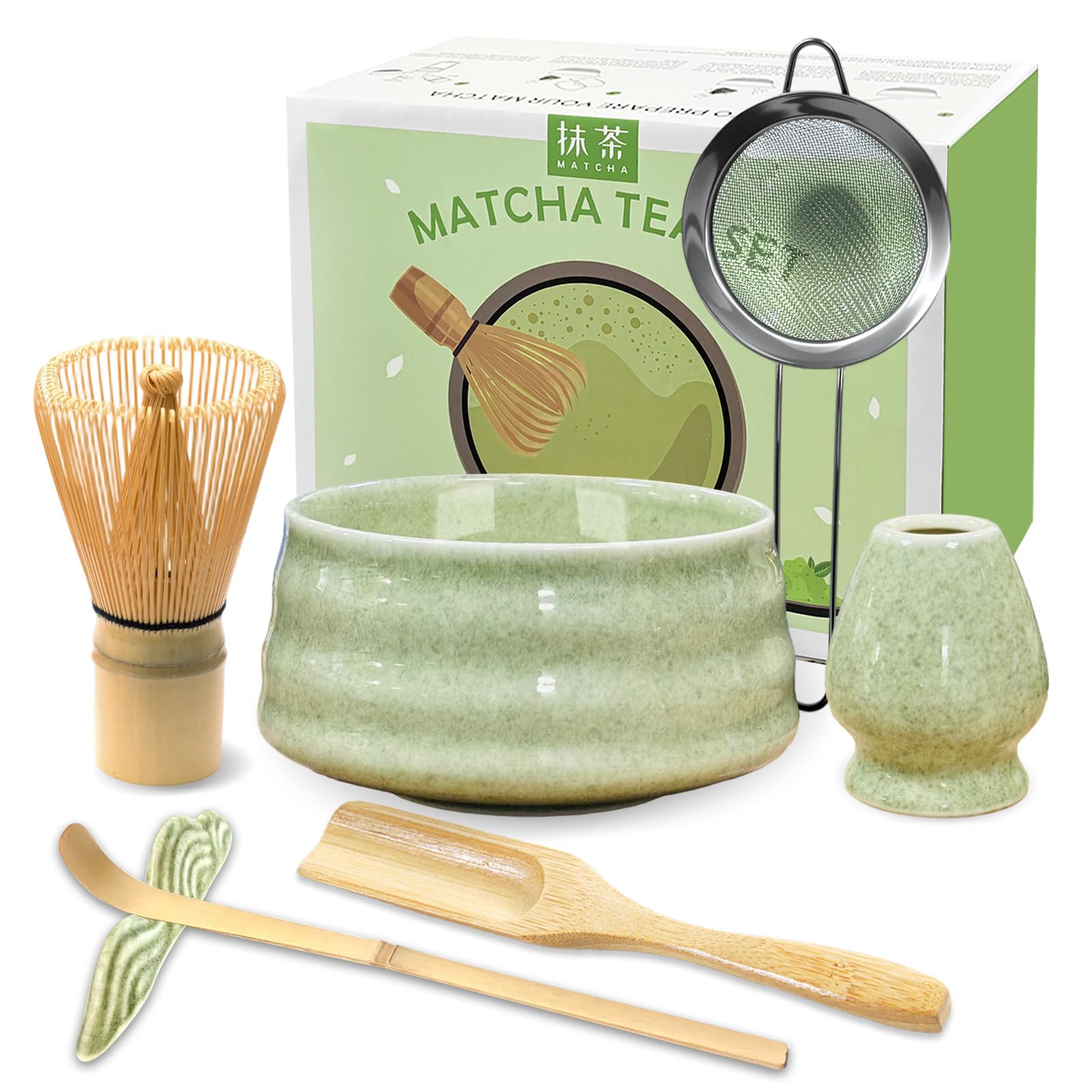 JBER Matcha Set, Matcha Tee Set 7-Teiliges - Matcha Besen und Besenhalter, Matcha Schale aus Keramik, Sieb, Matcha Löffel und Halter, Japanisches Matchabesen Set für Matcha-Liebhaber