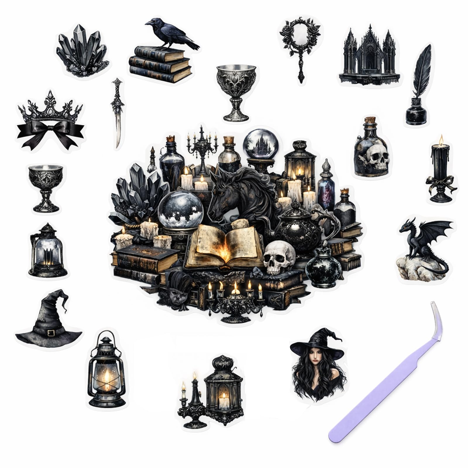 Gothic Dark Fantasy Stickers for Scrapbooking & Journals, 100 Sheets Per Pack - Transparent Waterproof PET Material, Aesthetic Vintage Designs for DIY Crafts, Laptop, Phone Case Decoration