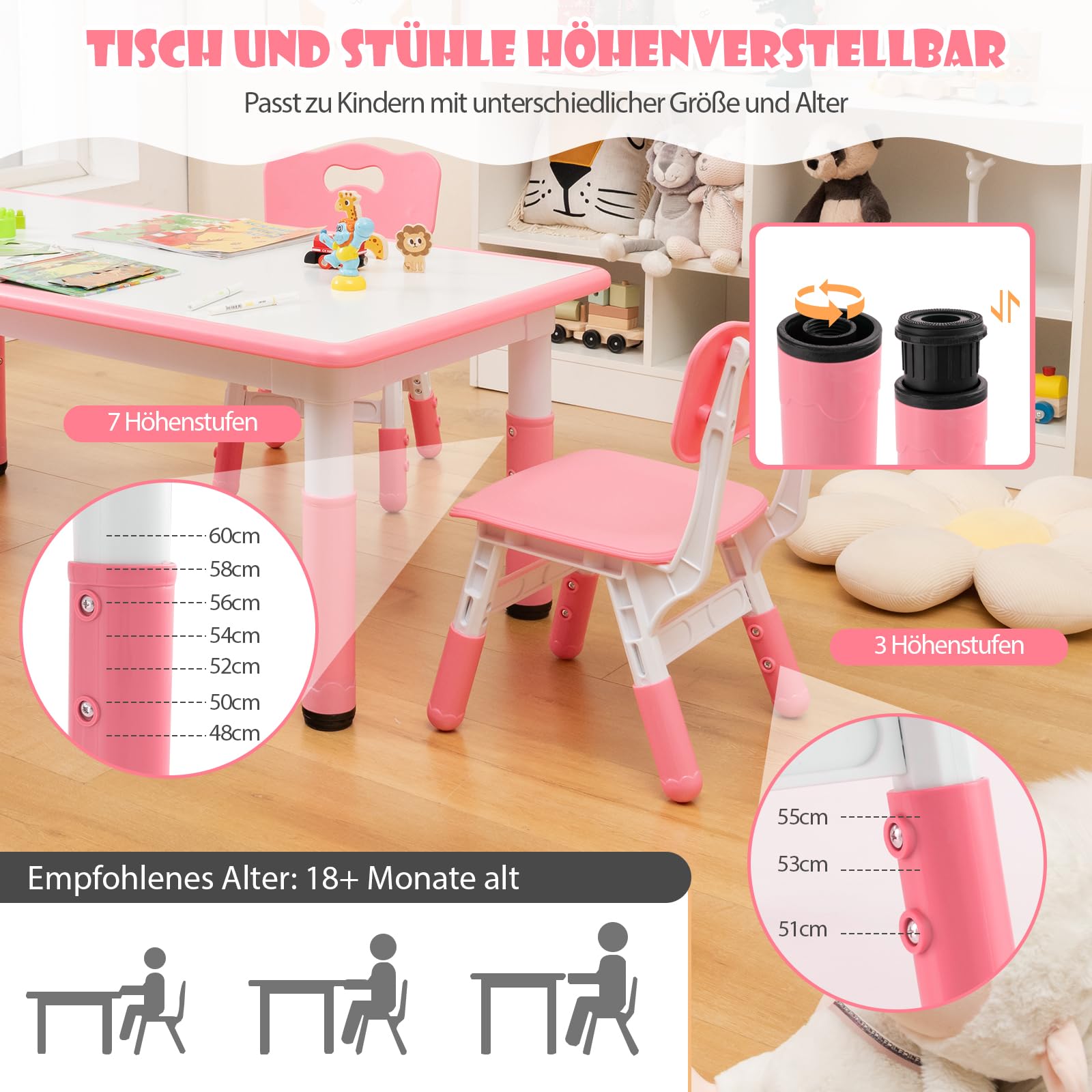 DREAMADE Kindertisch mit 4 Stühlen, Höhenverstellbares Kinder Tisch und Stuhl Set mit Graffititischplatte & rutschfesten Beinen, Kindersitzgruppe Kindermöbel für Kindergärten und Kinderzimmer (Rosa)