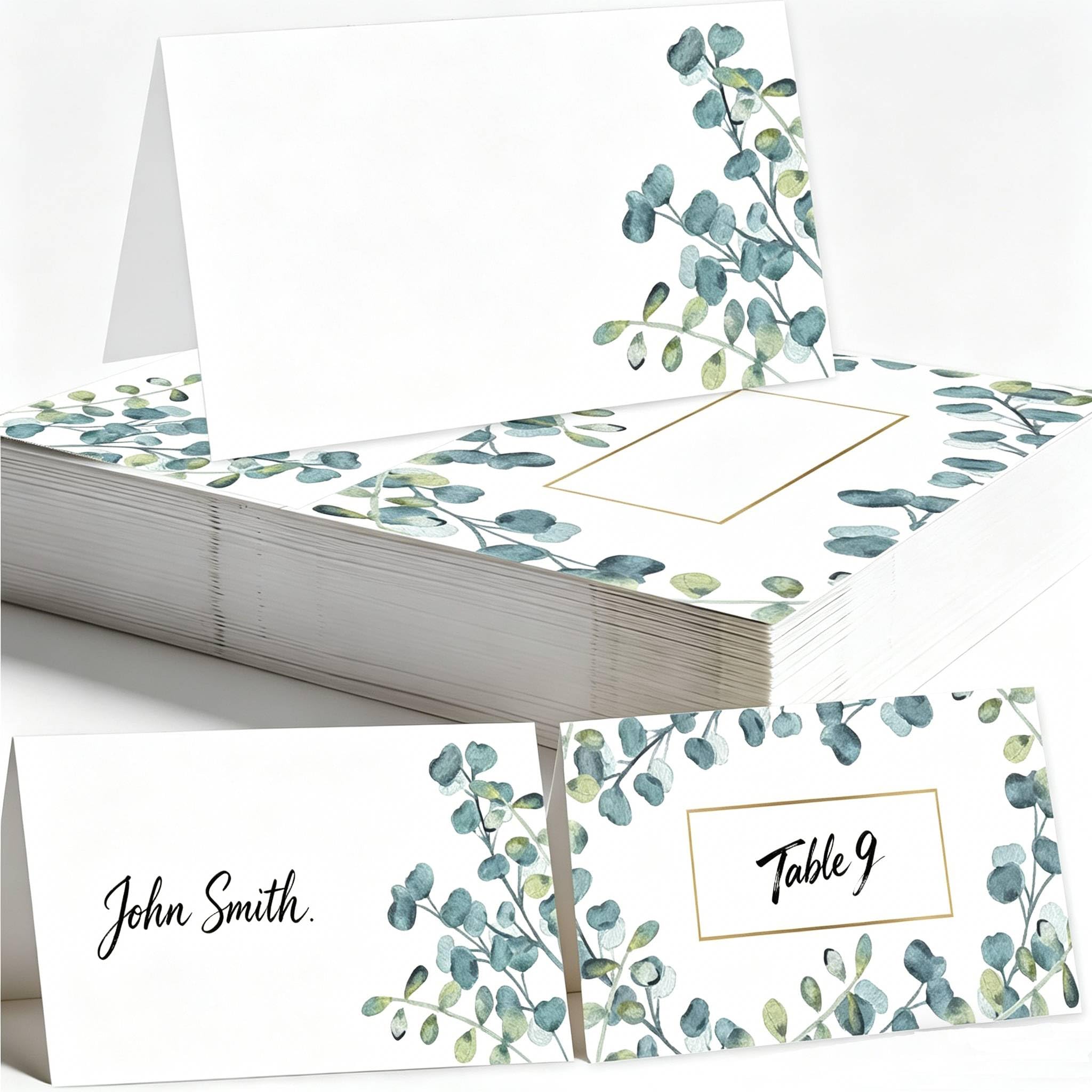 BetterJonny 100 PCS Eucalyptus Wedding Table Place Cards, Double-Sided Folded Tent Design for Garden Wedding, Sage Green Greenery Seating Name Number Holder Cards for Reception Banquet (A)