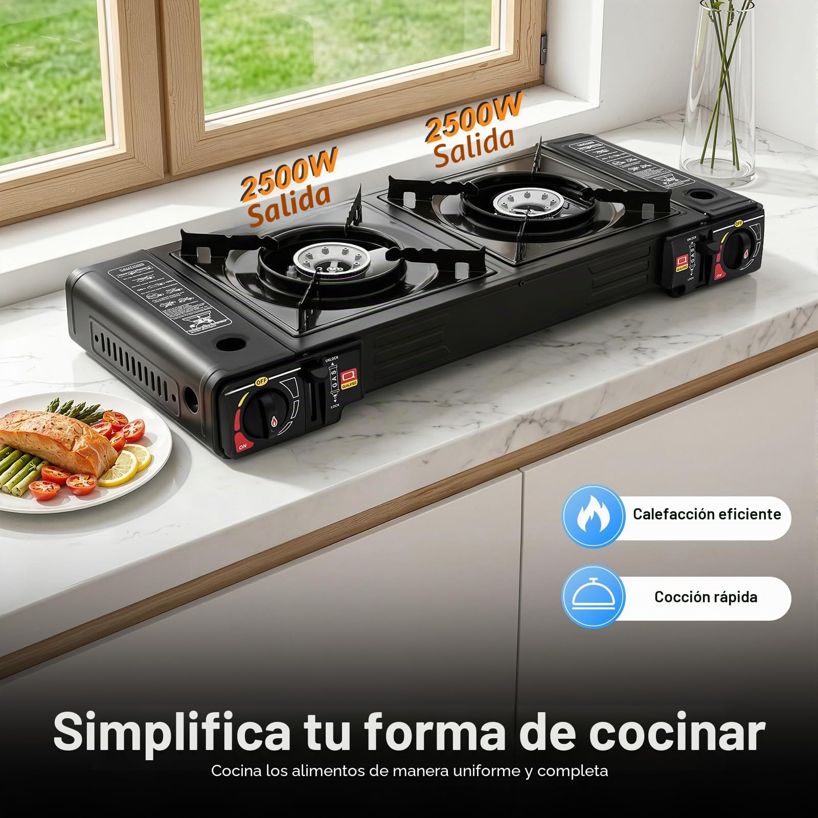 Hornillo de gas de 2 fuegos con encendido piezoeléctrico, hornillo de camping con conexión LPG, hornillo de gas para camping para cartuchos de gas, hornillo de camping con 2 focos, hornillo de gas