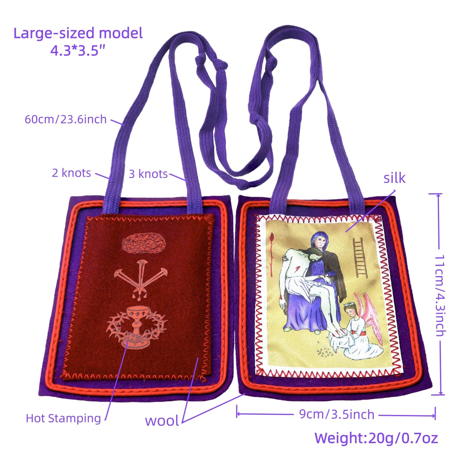 MERCILIA MEISHILAI 9 x 11 cm duża fioletowa szkaplerz - Escapulario Morado de Bendición y Protección wełniana szkaplerz na czasy końcowe - zawiera fioletową aksamitną torebkę i kartę modlitewną