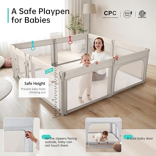 Miniatura 6 de Corralito para bebés con puerta, corralito plegable y ajustable para bebés y niños pequeños, área de juegos de alta resistencia, parque infantil