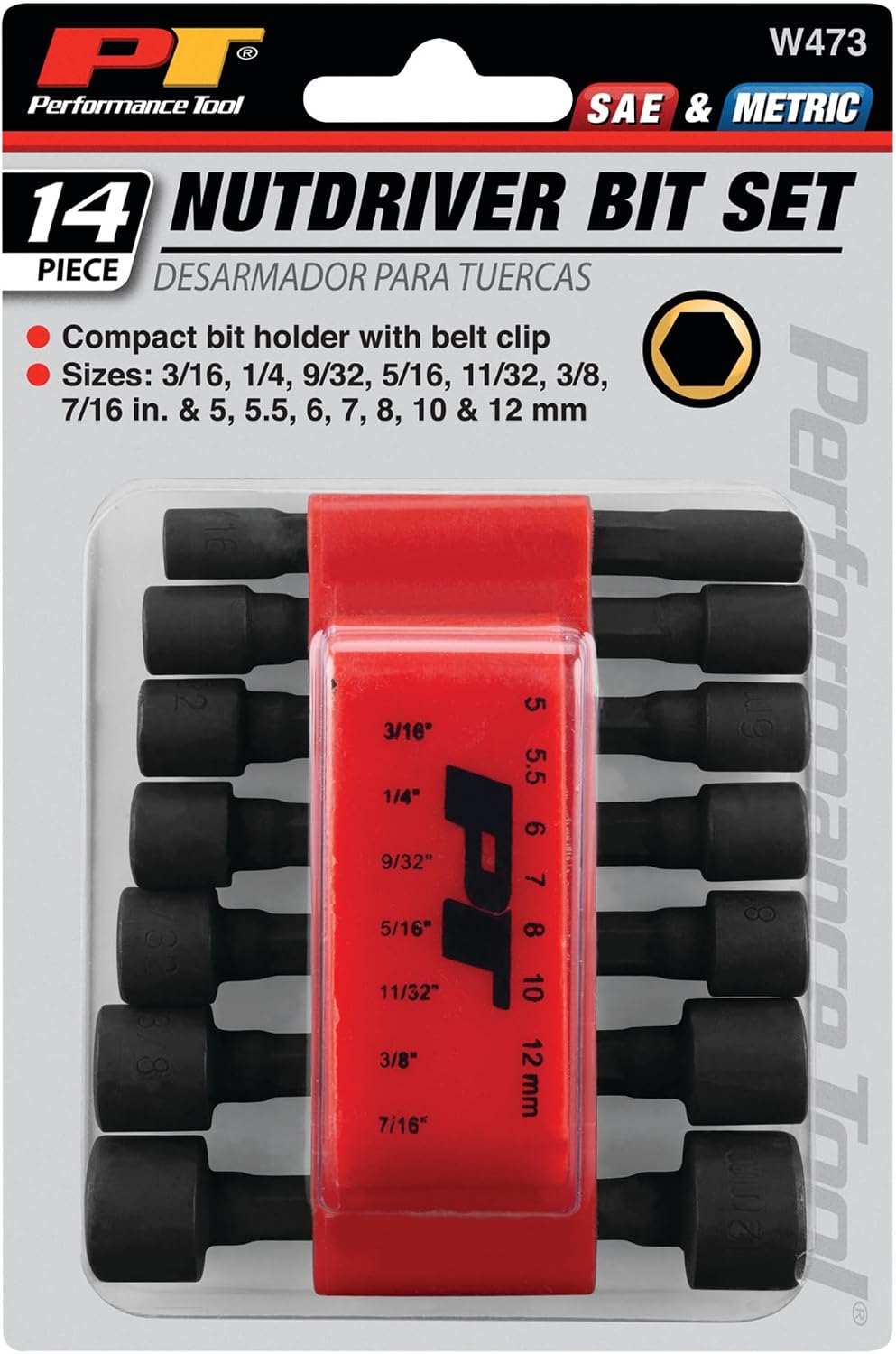 Performance Tool W473 Compact Bit Holder with Belt Clip - Hardened Chrome Vanadium with Black Phosphate Finish - 14 Sizes Included