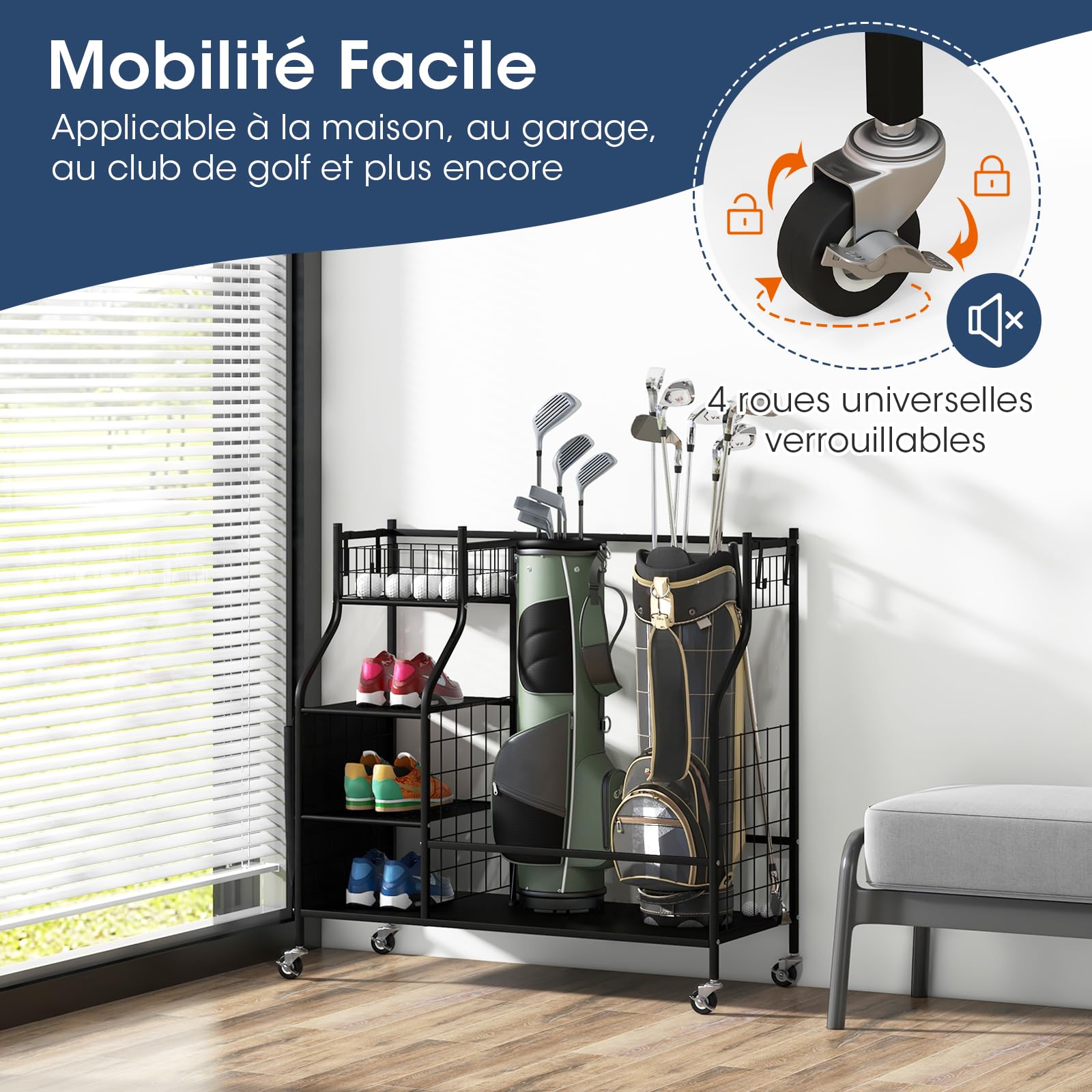 GOPLUS Organisateur de Rangement pour Club de Golf, Étagère de Rangement avec Roues Verrouillables pour 2 Sacs de Golf et 8 Clubs de Golf, 1 Panier, 3 Étagères et 4 Crochets