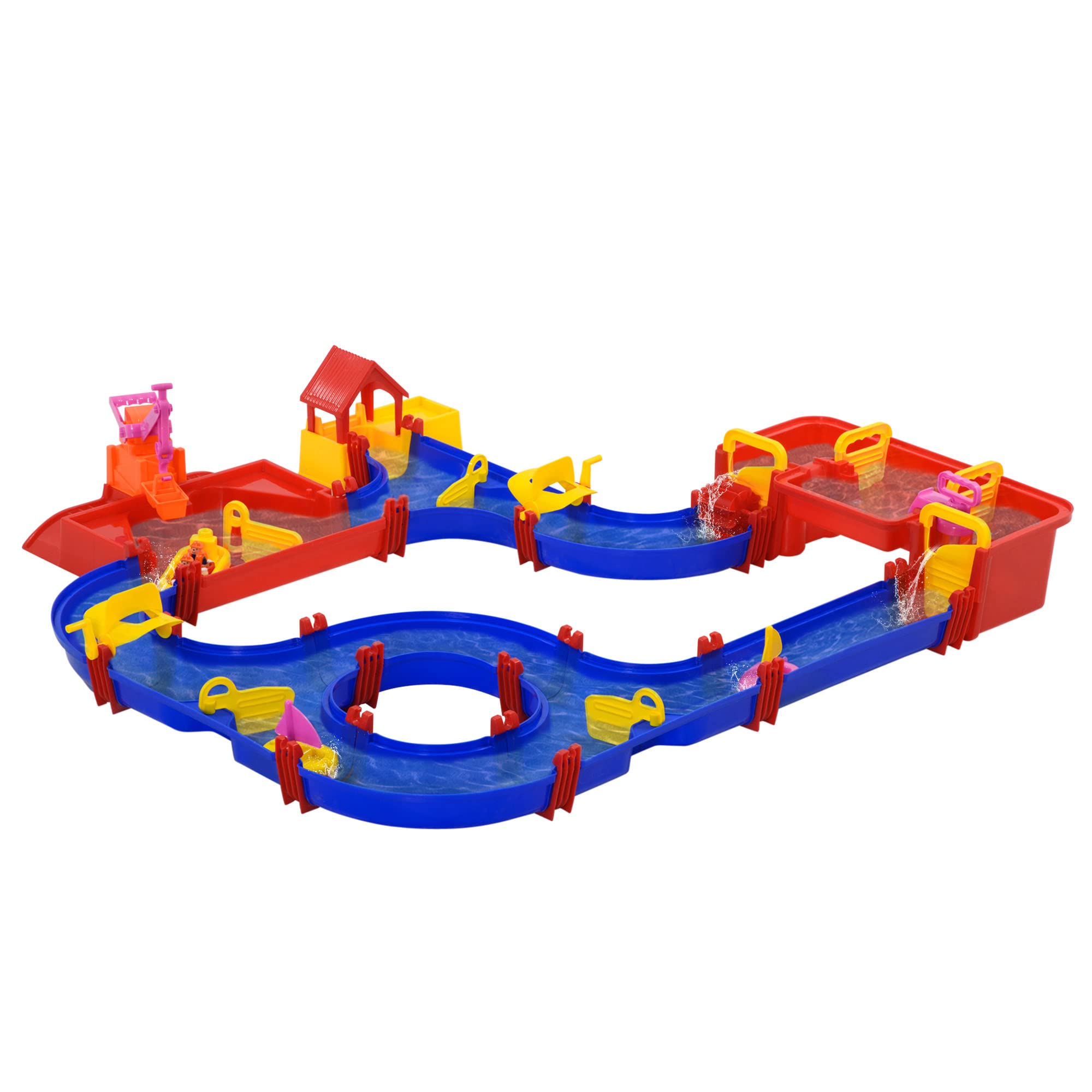 HOMCOM Playset acuático de 78 piezas con agua y arena, ruta acuática para niños de 3 a 6 años con accesorios y piezas componibles, de polipropileno, 123 x 111 x 7 cm, azul y rojo