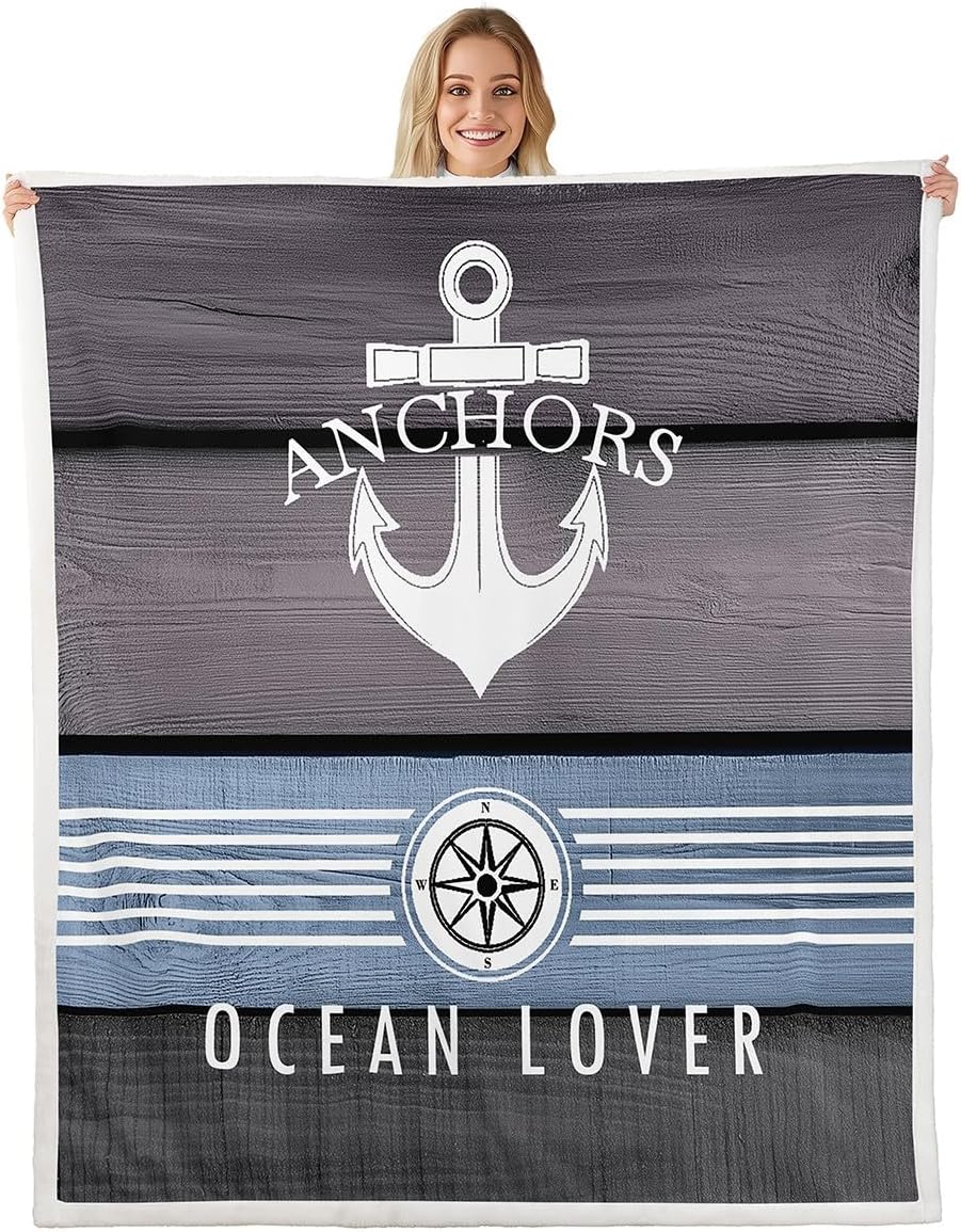 Erosebridal Boat Anchor Blanket Nautical Throw Blanket for Women Boys,Boat Compass Fleece Blanket Vintage Style Blue Brown Wooden Board Anchor Decor 90"x90",Retro Ocean Theme Sketch Room Decor