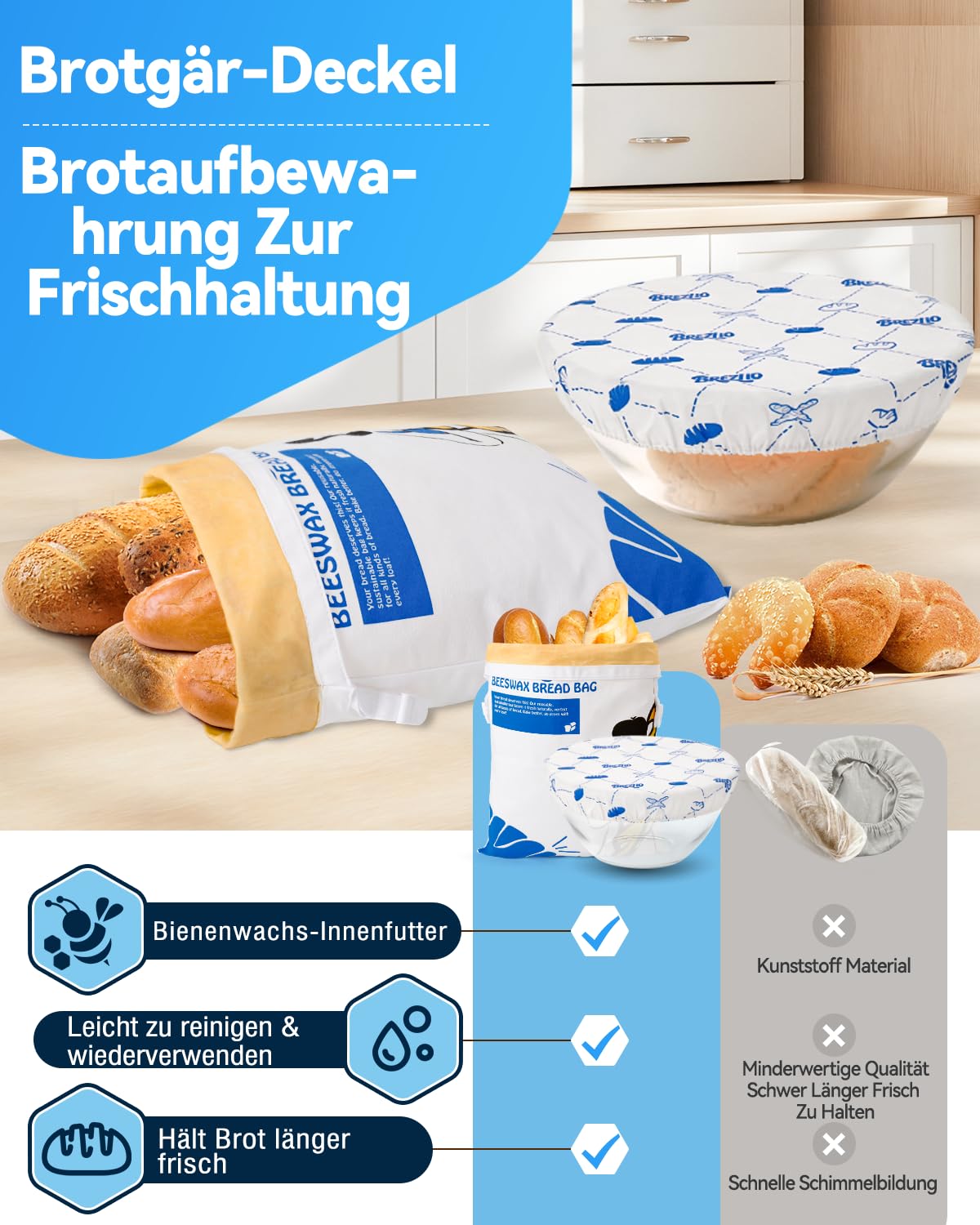 Sacchetto per pane in cera d'api naturale con coperchio a ciotola, riutilizzabile per mantenere fresco il pane a lievitazione naturale – Contenitore per il pane senza plastica (bianco)
