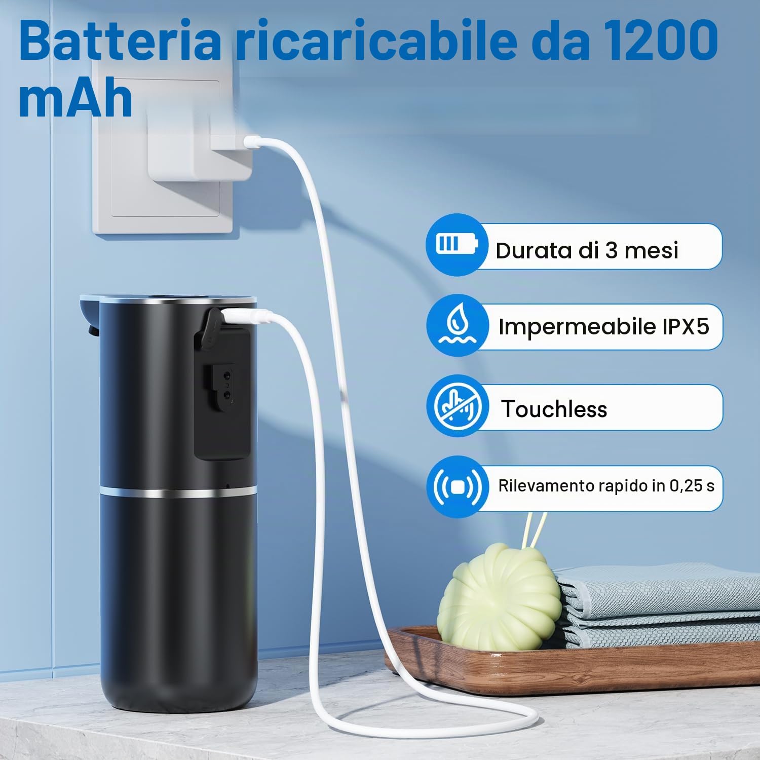 Fachixy Dispenser Sapone Automatico con Display Digitale, Touchless, Montaggio a Parete Dispenser Sapone Bagno, Ricaricabile, 380ml, IPX5 Impermeabile per Bagno, Cucina