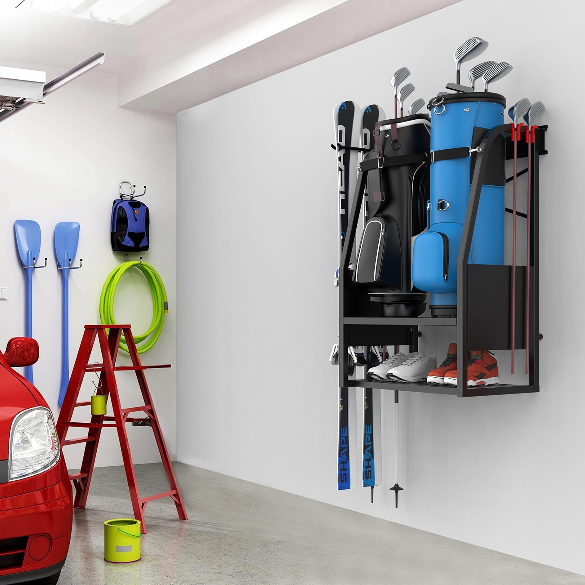 WALMANN Wall Mount Golf Bag Organizer, 2 Golf Bags Stand Golfing Equipment and Accessories Storage Rack for Garage Shed Basement