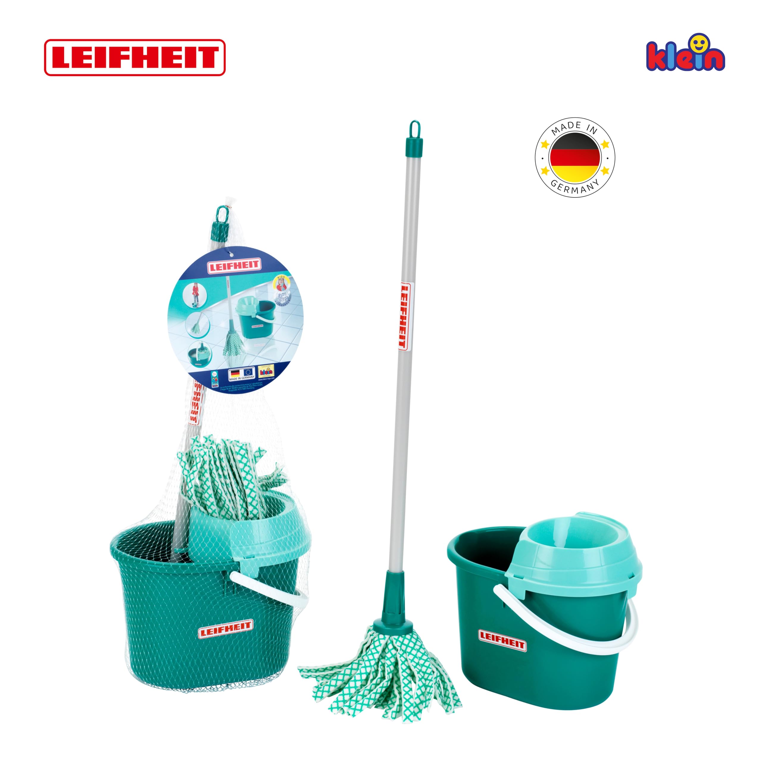 Theo Klein 6558 Zestaw z mopem Leifheit, 3-el. I Zestaw zawiera płaski mop ze zdejmowaną końcówką I Wiadro z wyciskaczem I Zabawki dla dzieci od 3. roku życia