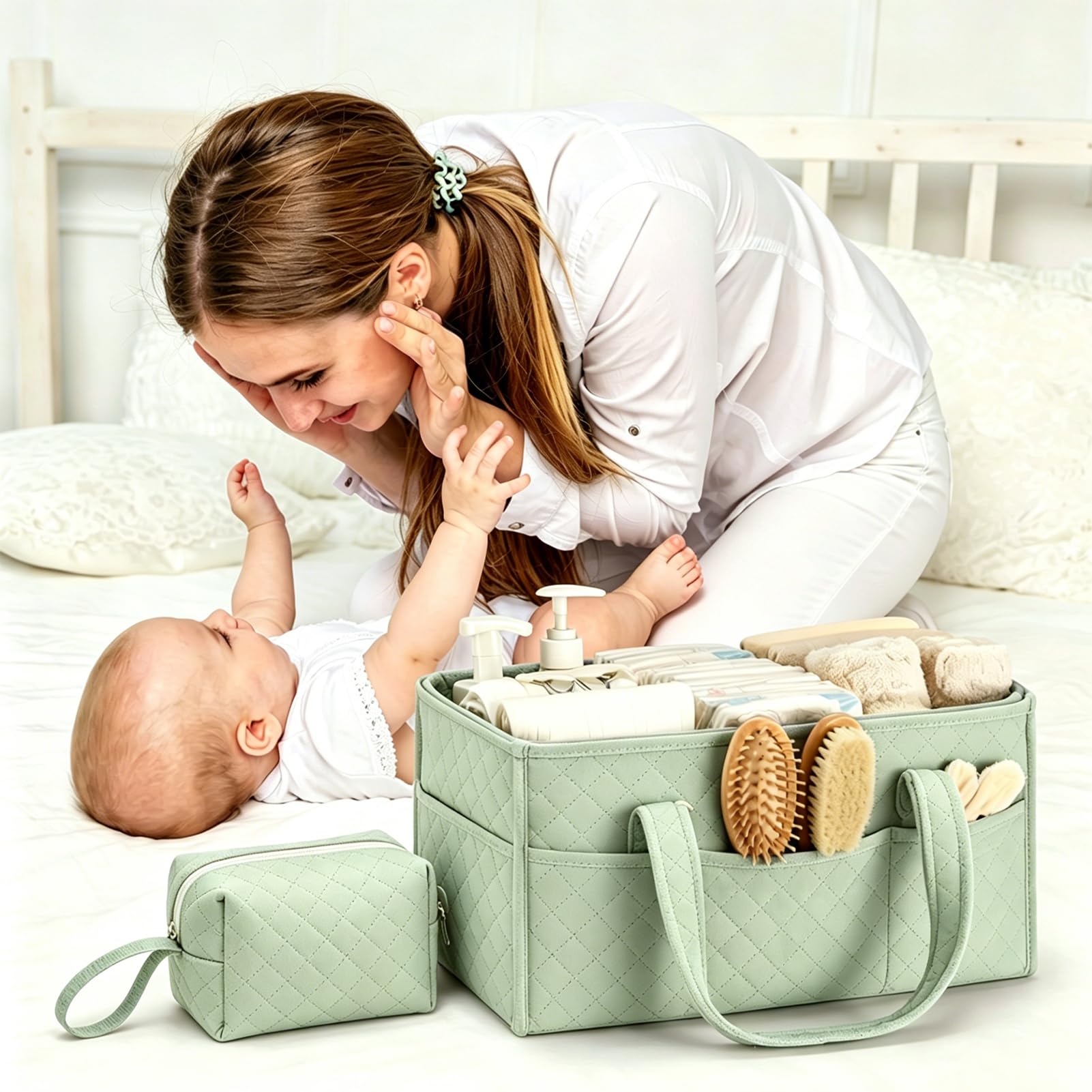 Wickeltisch Organizer, Groß Wickeltasche Organizer mit Kleine Aufbewahrungstasche, Wickelkorb mit Griffen & Herausnehmbare Trennelemente, Wickelorganizer für Wickel und Babysachen (Salbeigrün)