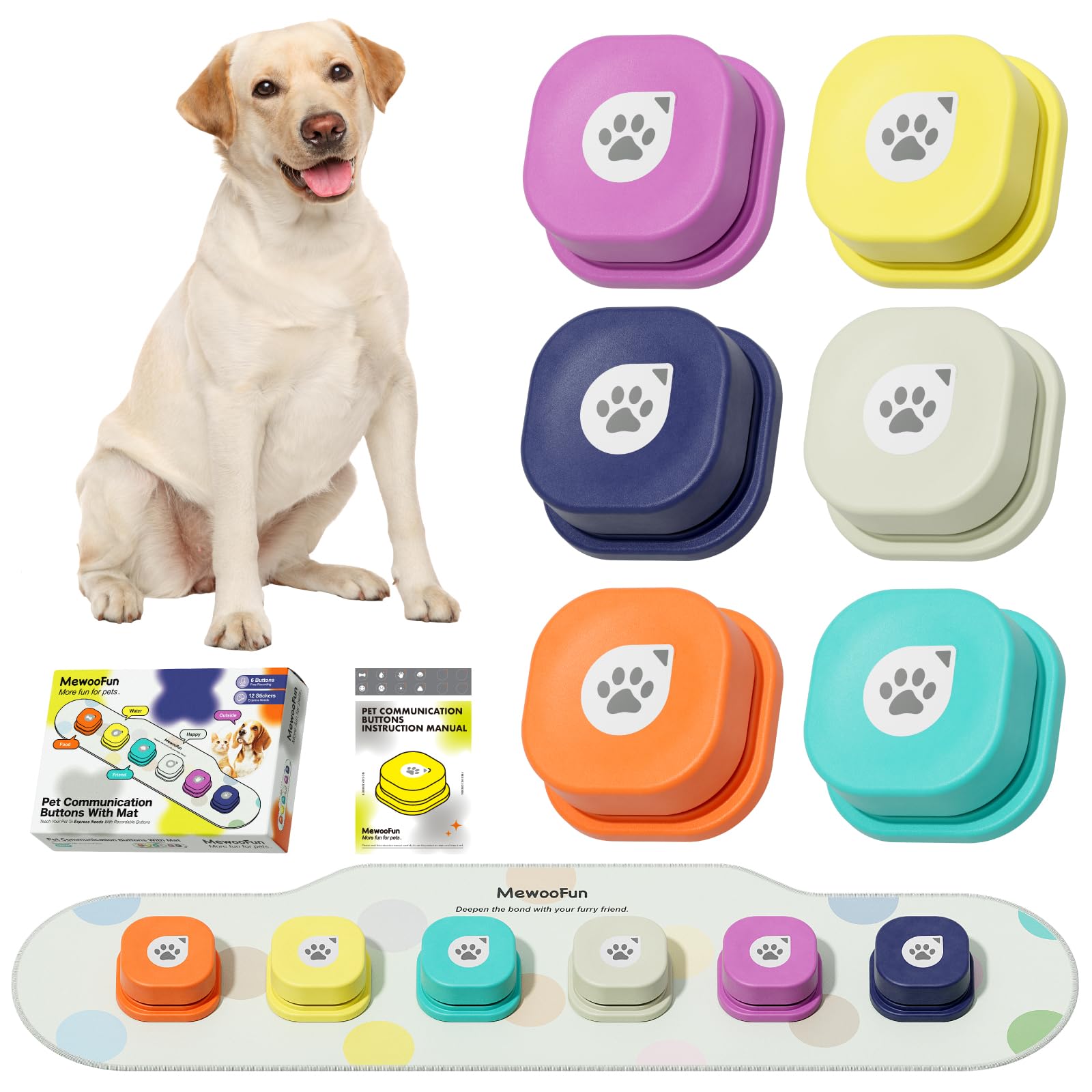 MEWOOFUN Dog Buttons for Communication Talking Dog Buttons Set Dog Training Speaking Buttons with Mat & Training Manual & Stickers (6 Packs)