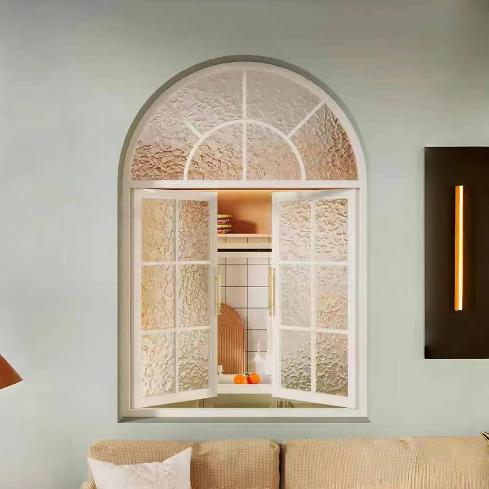Łukowe francuskie żelazne okno skrzydłowe w stylu vintage do jadalni i kuchni, 2 panele, idealne do sypialni na poddaszu - biały-B 100 x 80 cm elegancka dekoracja domu ulepszenie
