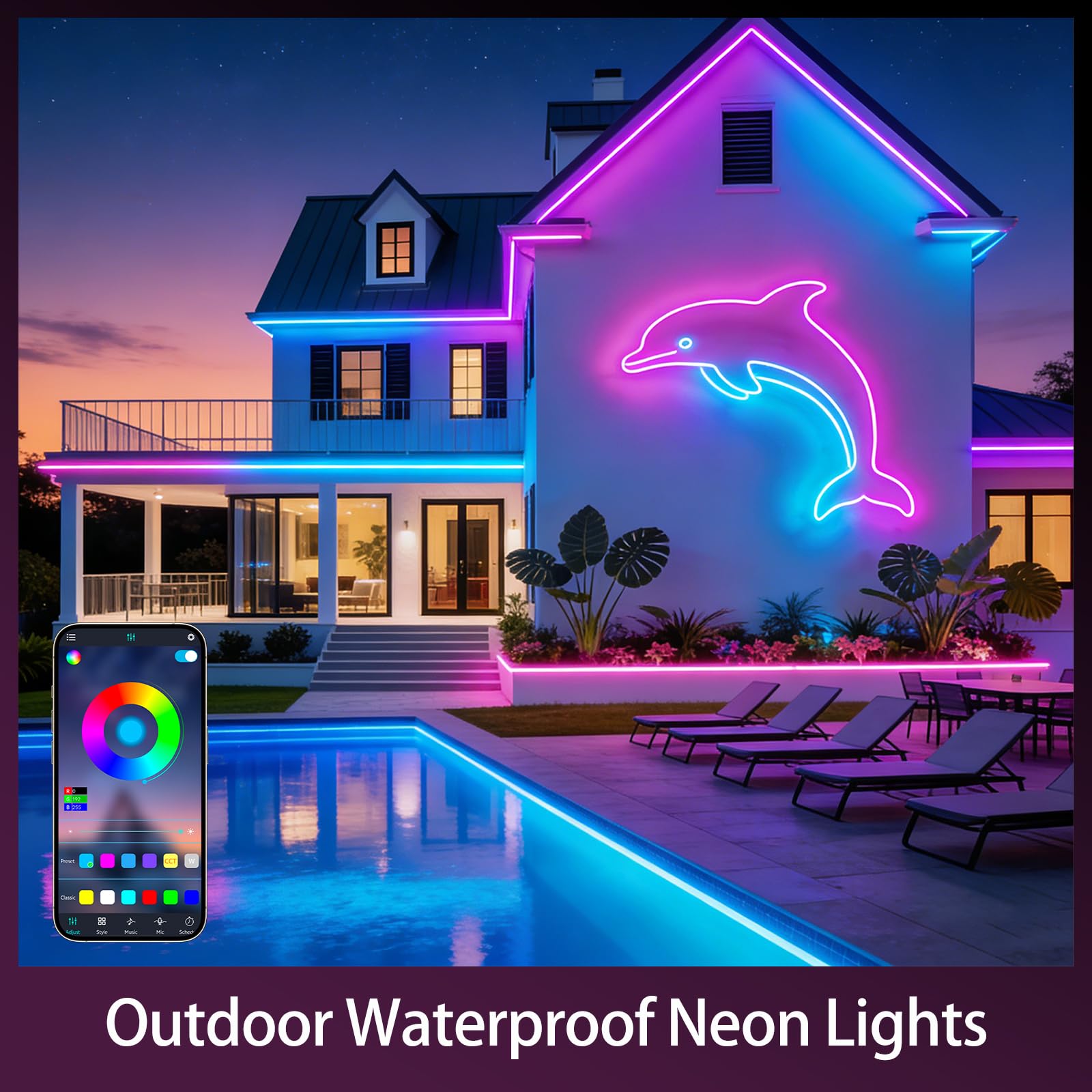 Striscia LED neon RGB da 20 m, 24 V IP65 con telecomando/APP, sincronizzazione musicale, modalità multiple, nastro LED flessibile per decorazioni esterne della camera da letto(10 m x 2)